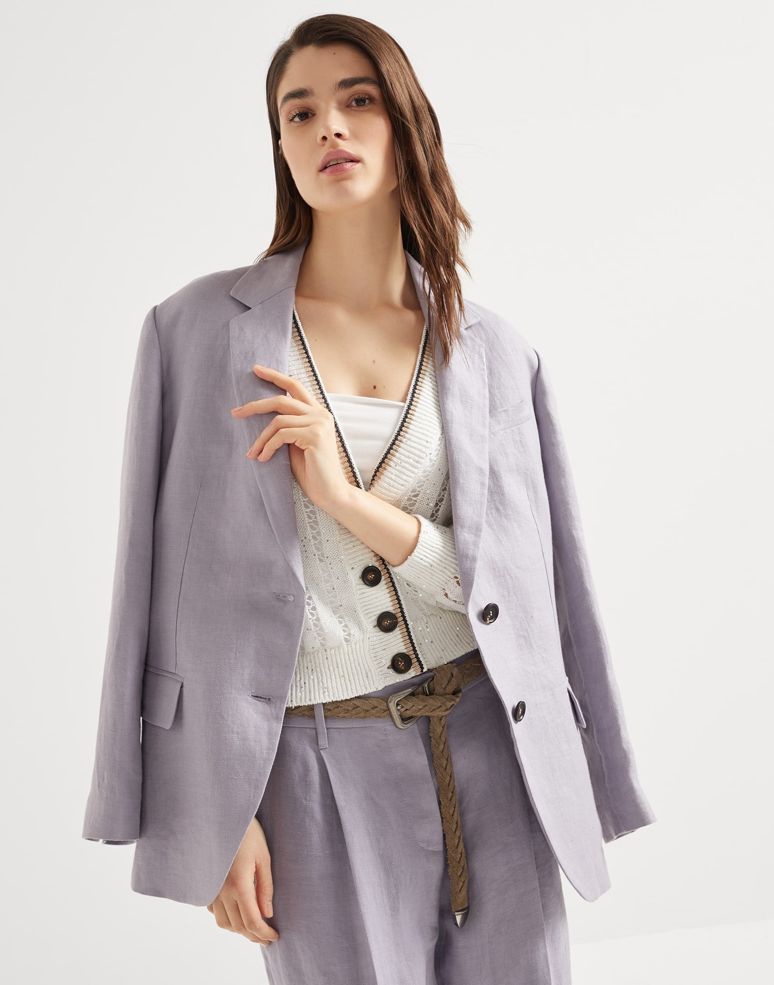 Dyed hemp and linen gabardine blazer with monili - 8