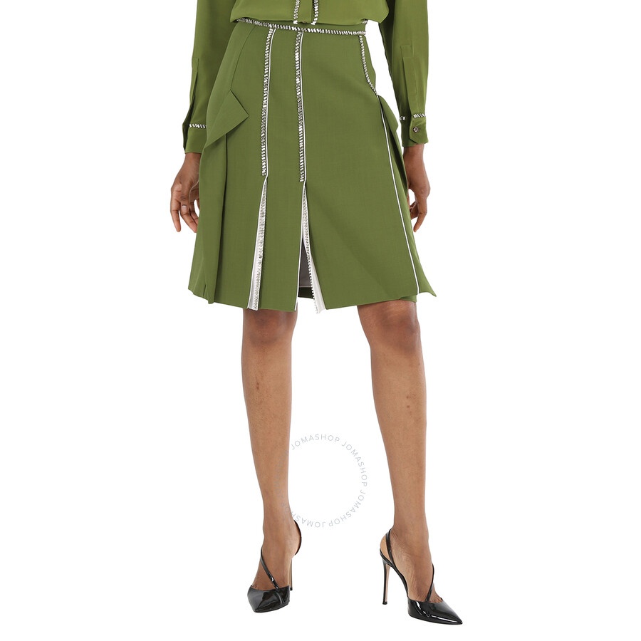 Burberry Ladies Cedar Green Crystal Detail Panelled Wool-Crepe A-Line Skirt - 3