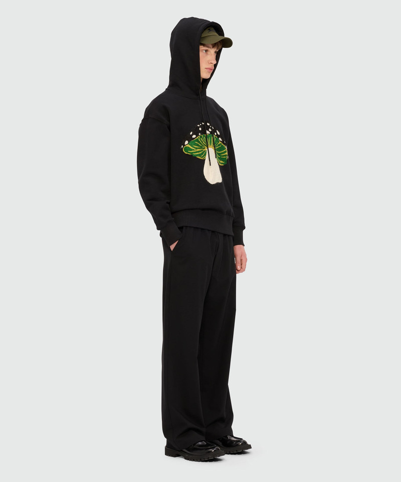 Black jersey hoodie with "I Love Mushrooms" patch and quote 4