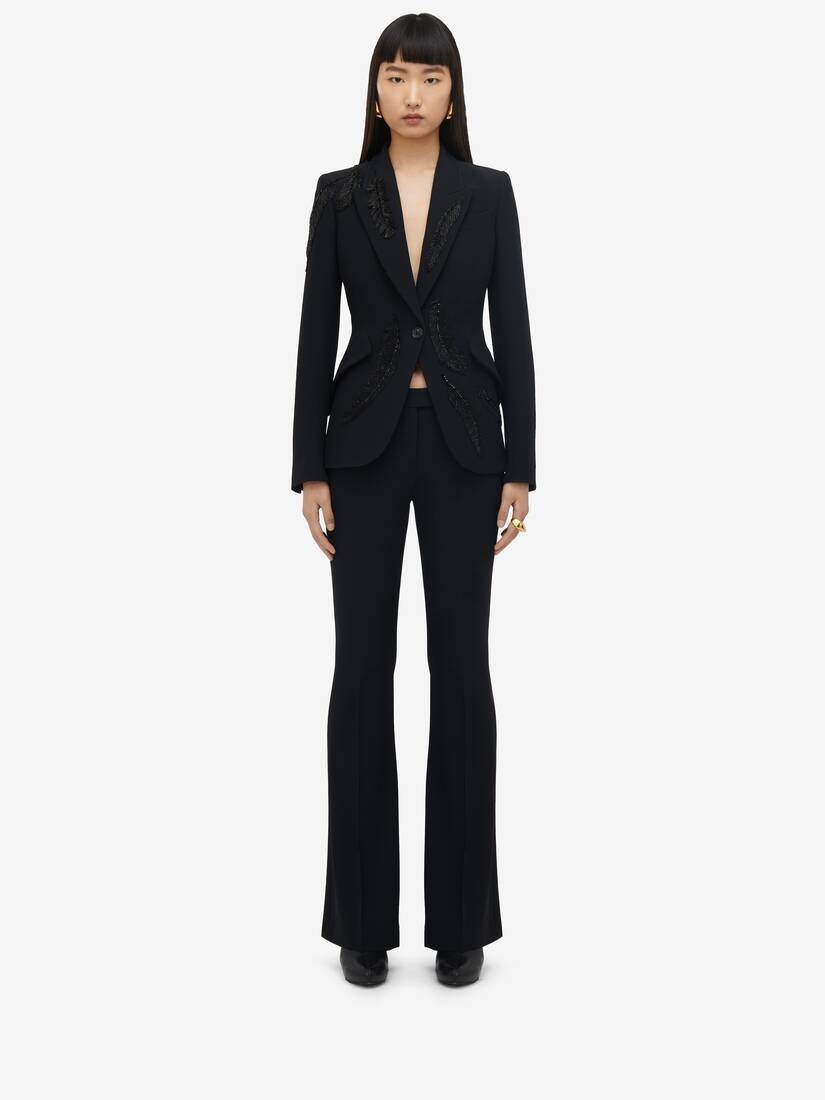 Women's Feather Embroidery Peak Shoulder Jacket in Black - 3