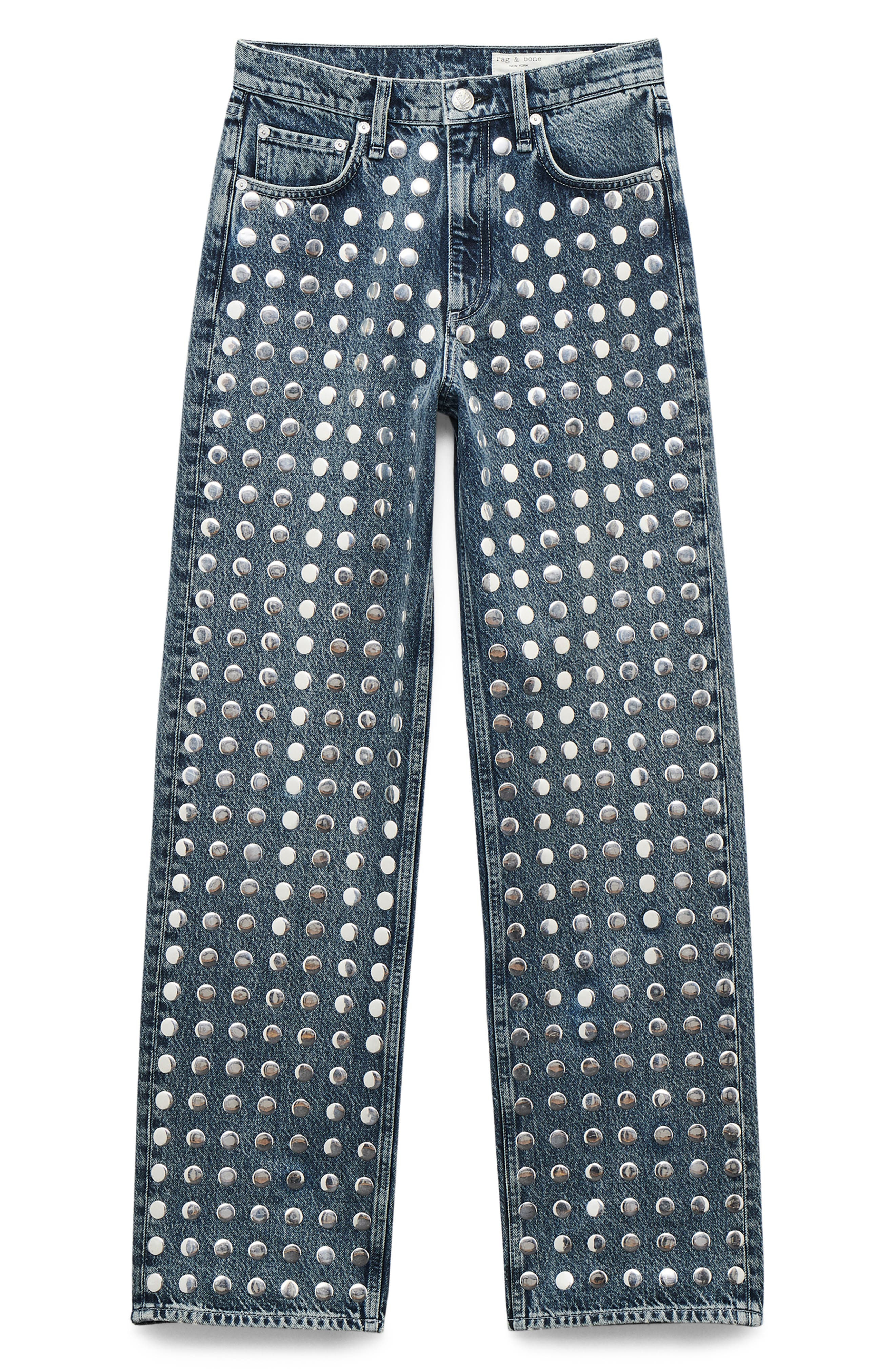 rag & bone Shea Rhinestone Straight Leg Jeans in Blue at Nordstrom - 4