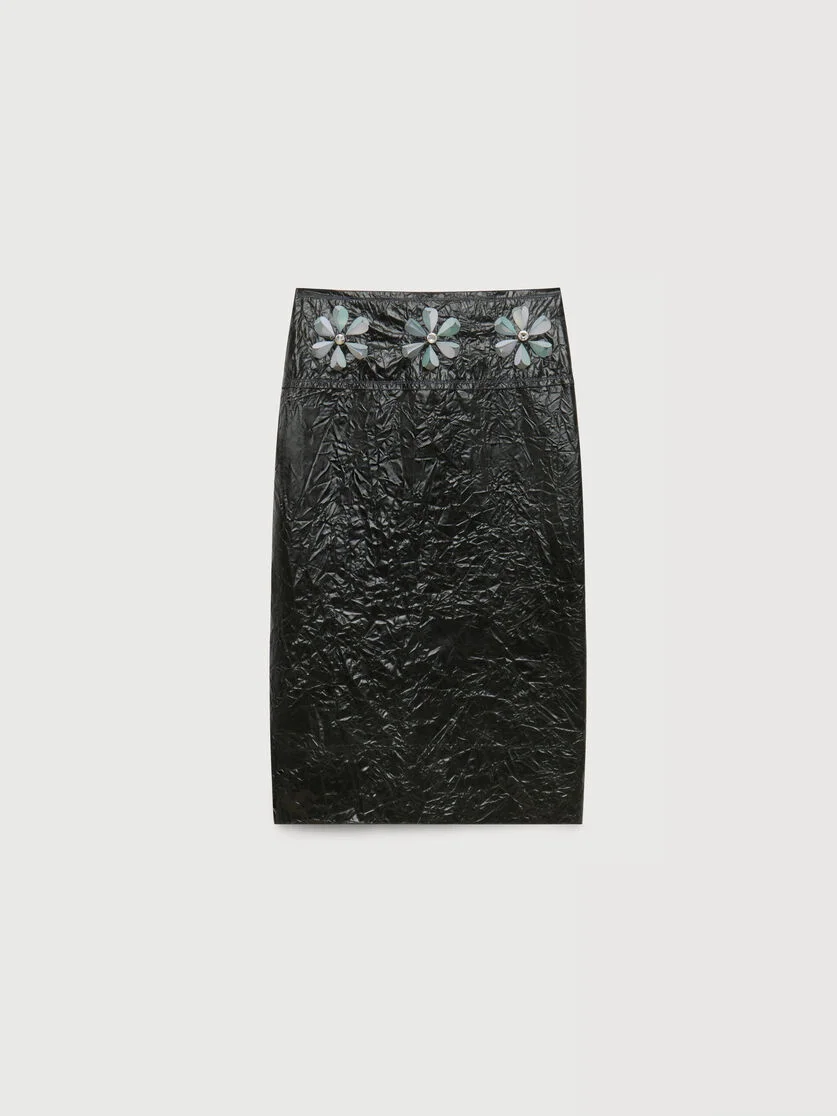 BLACK CRINKLED MIDI SKIRT WITH DAISY DETAILS - 1