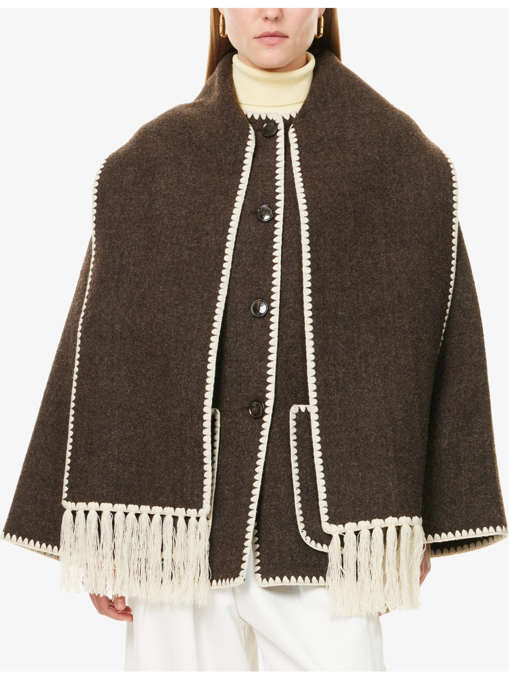 Embroidered-Trim Scarf Wool-Blend Jacket - 3