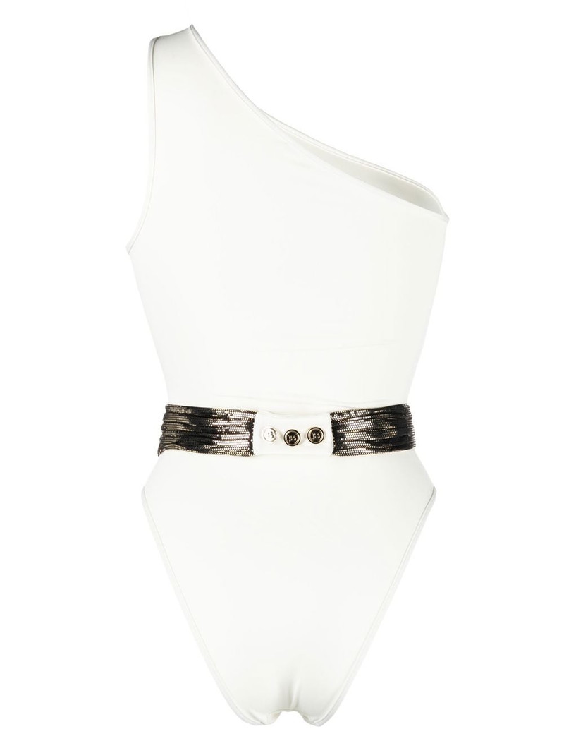 Balmain logo-plaque one-shoulder swimsuit outlook