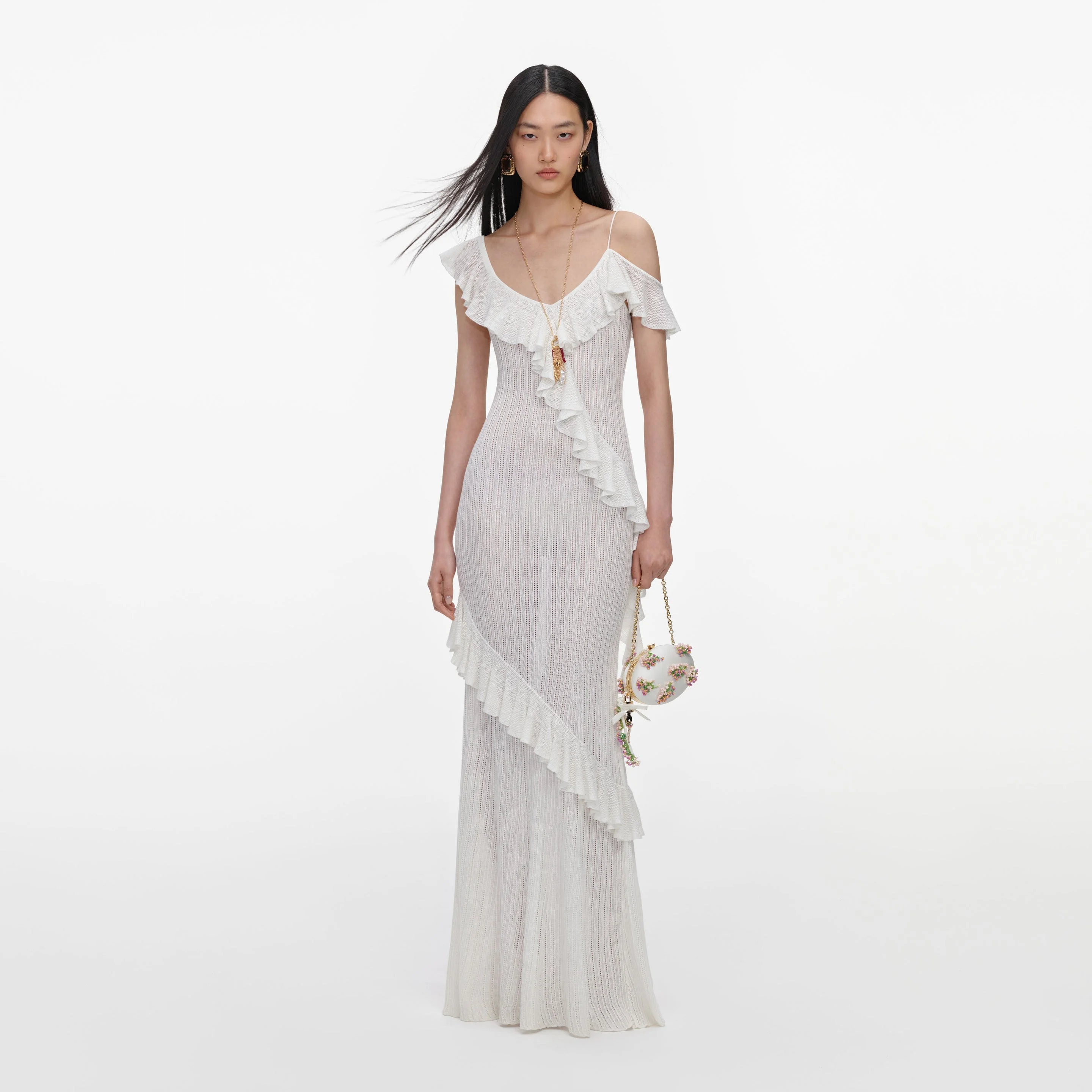 White Ruffle Knit Maxi Dress - 1