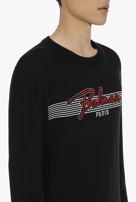 Black cotton sweater with embroidered red and white Balmain logo - 8