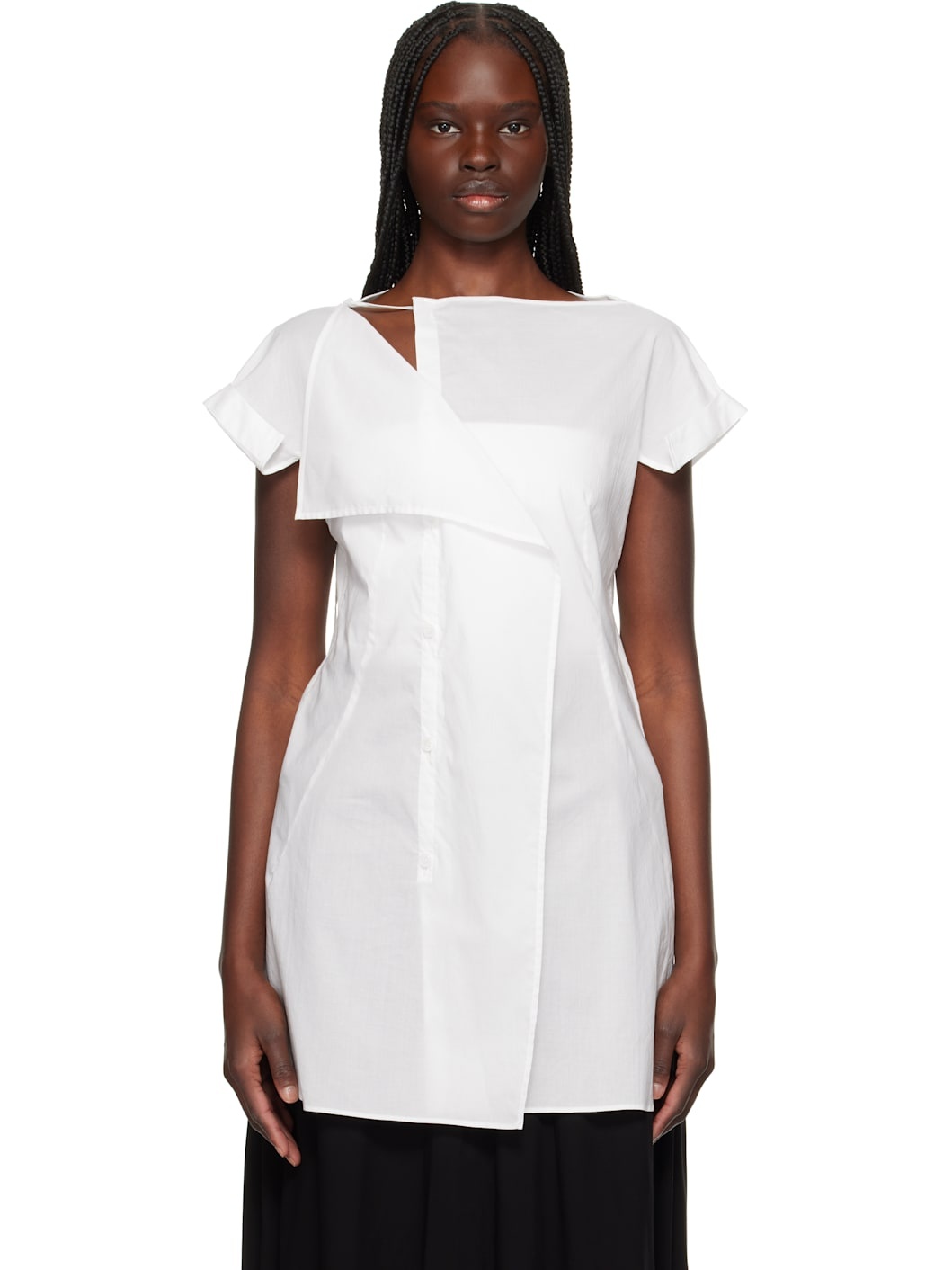 White Cotton Lawn Right Side Drape Blouse - 1