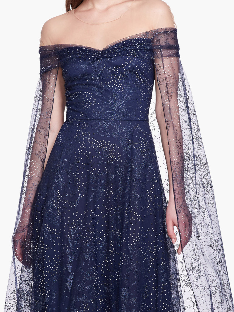 OFF-SHOULDER GLITTER CAPE GOWN 4