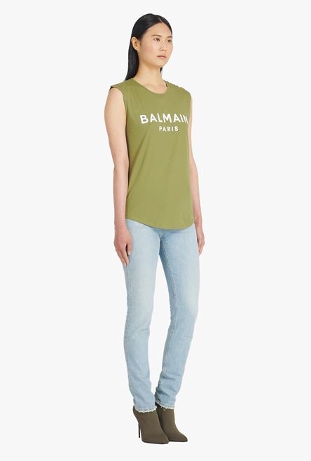 Khaki eco-designed cotton T-shirt with white Balmain logo print - 7