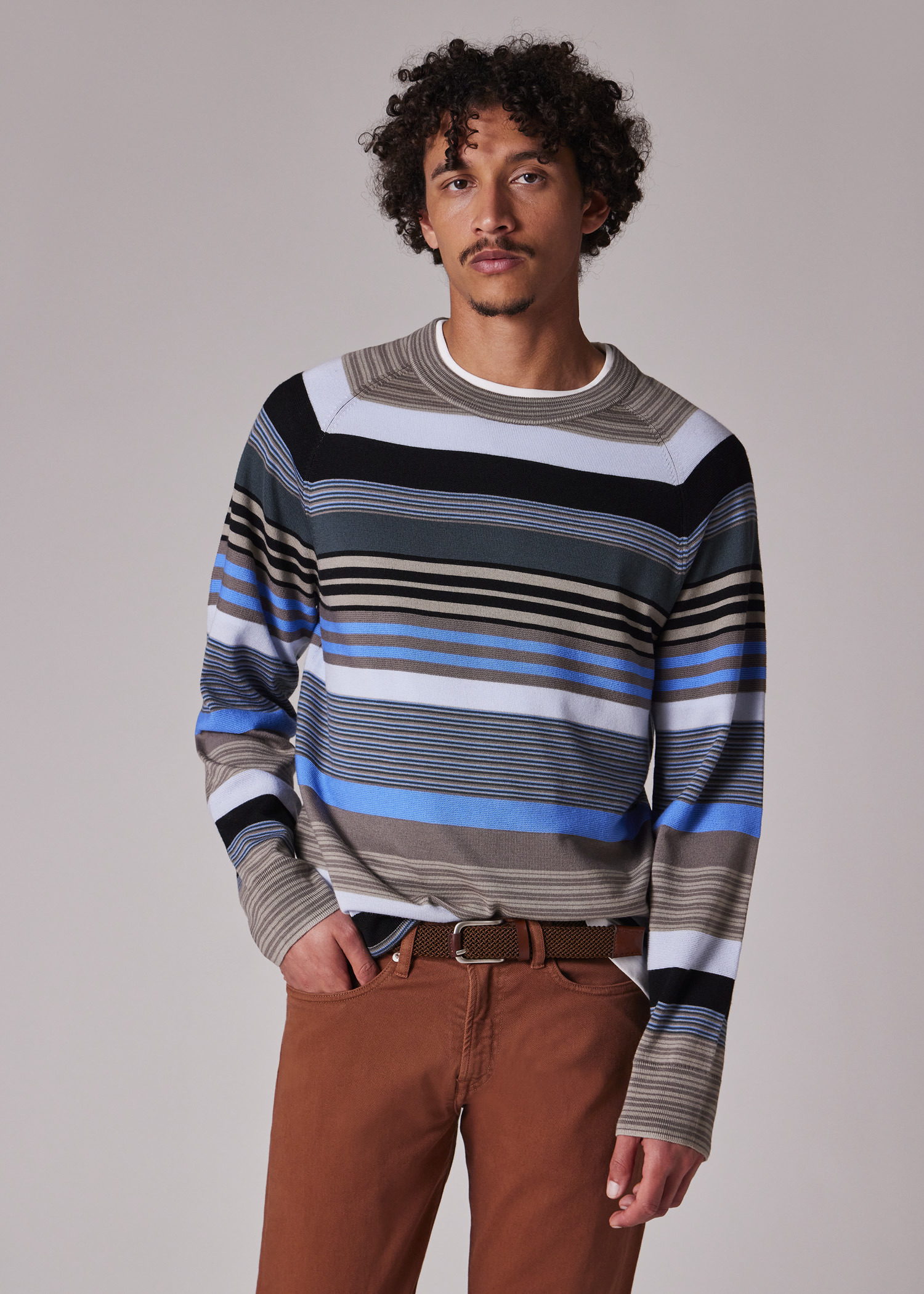 Grey and Blue Contrast Stripe Merino Wool Sweater - 4