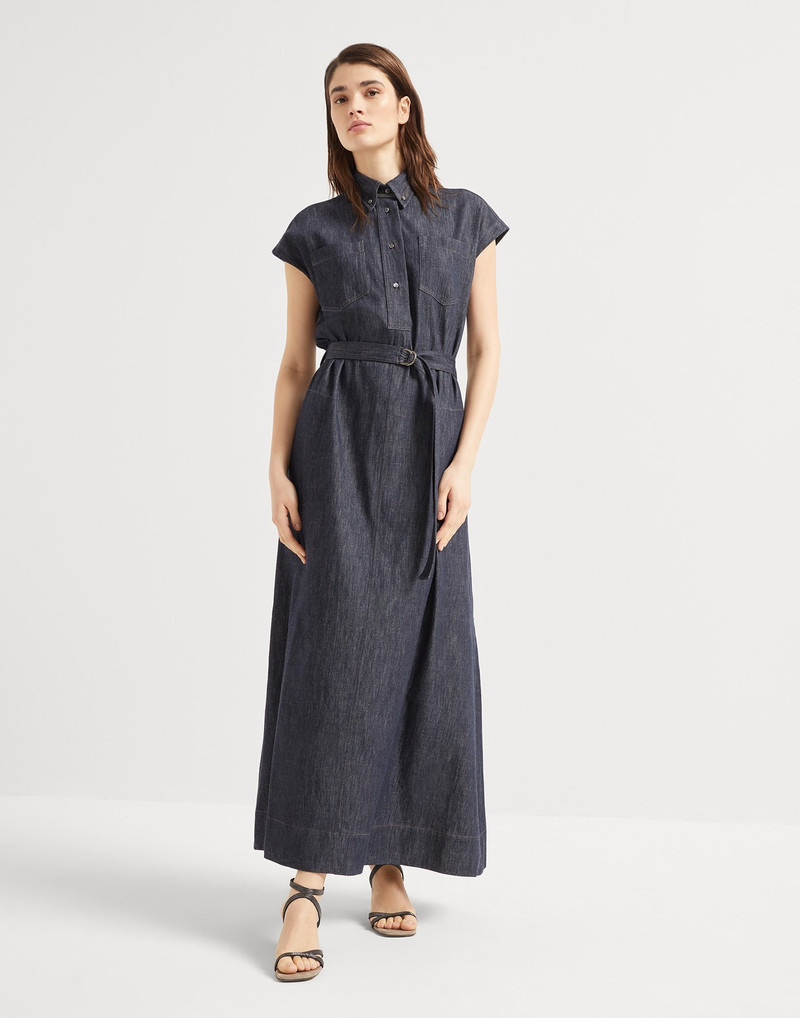 Denim-effect twill belted shirt dress with precious collar detail 1