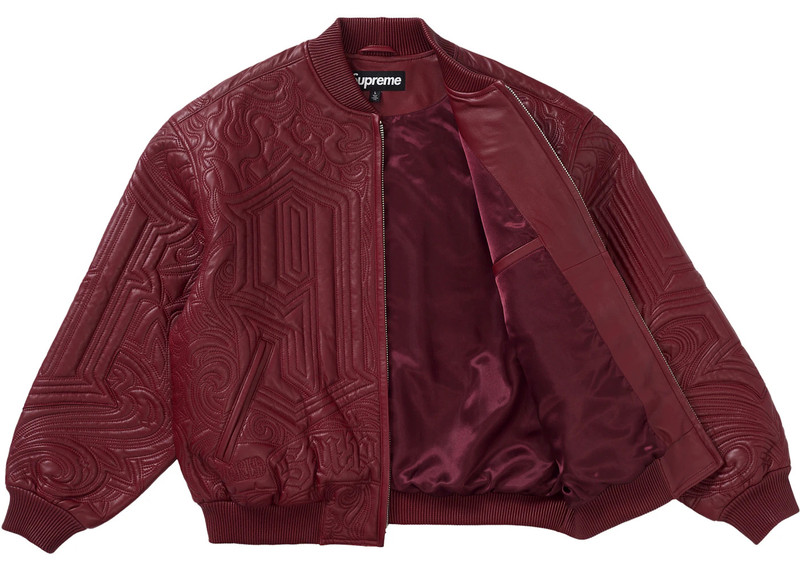 Supreme Supreme Mister Cartoon Embroidered Leather Jacket Burgundy outlook
