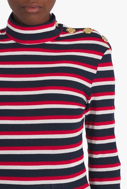 Navy blue and red nautical turtleneck sweater with gold-tone buttons - 6