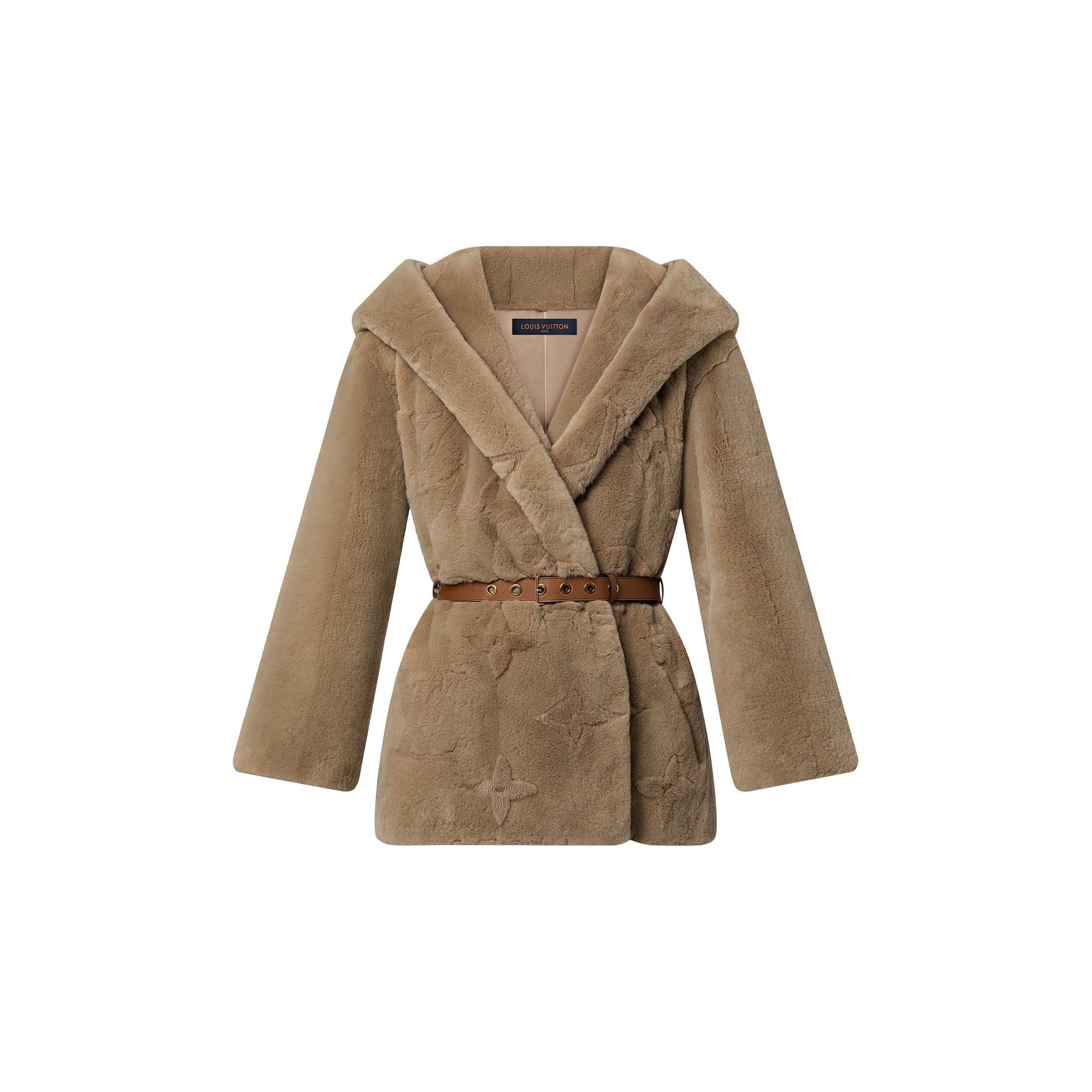 Mink Intarsia Short Hooded Wrap Coat - 1