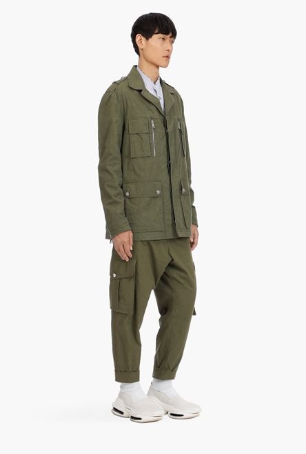 Khaki cotton jacket with embossed Balmain logo - 7