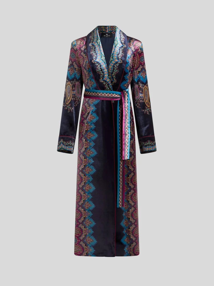 VELVET ROBE OVERCOAT WITH PLACED PRINT - 1