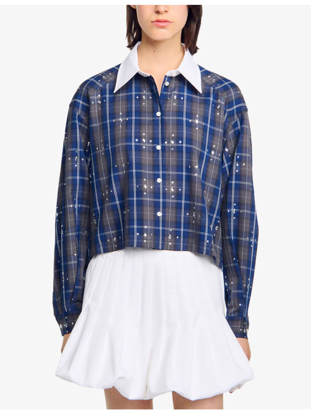 Rhinestone-Embellished Relaxed-Fit Checked Cotton Shirt - 3