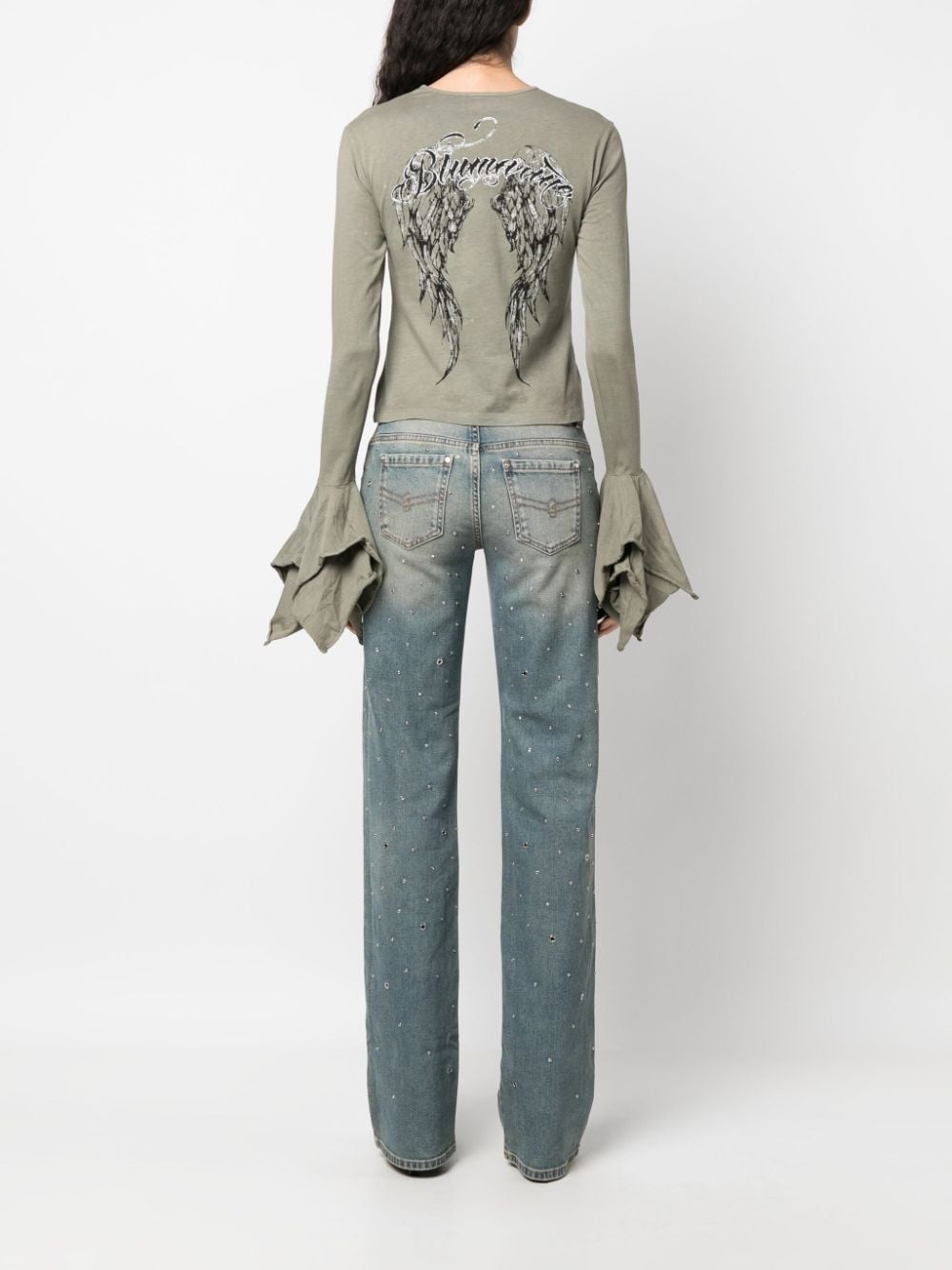 logo-print flared-cuffs cotton top - 4