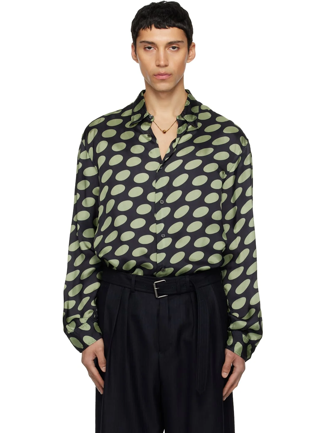 Black & Green Polka-Dot Satin Shirt - 1