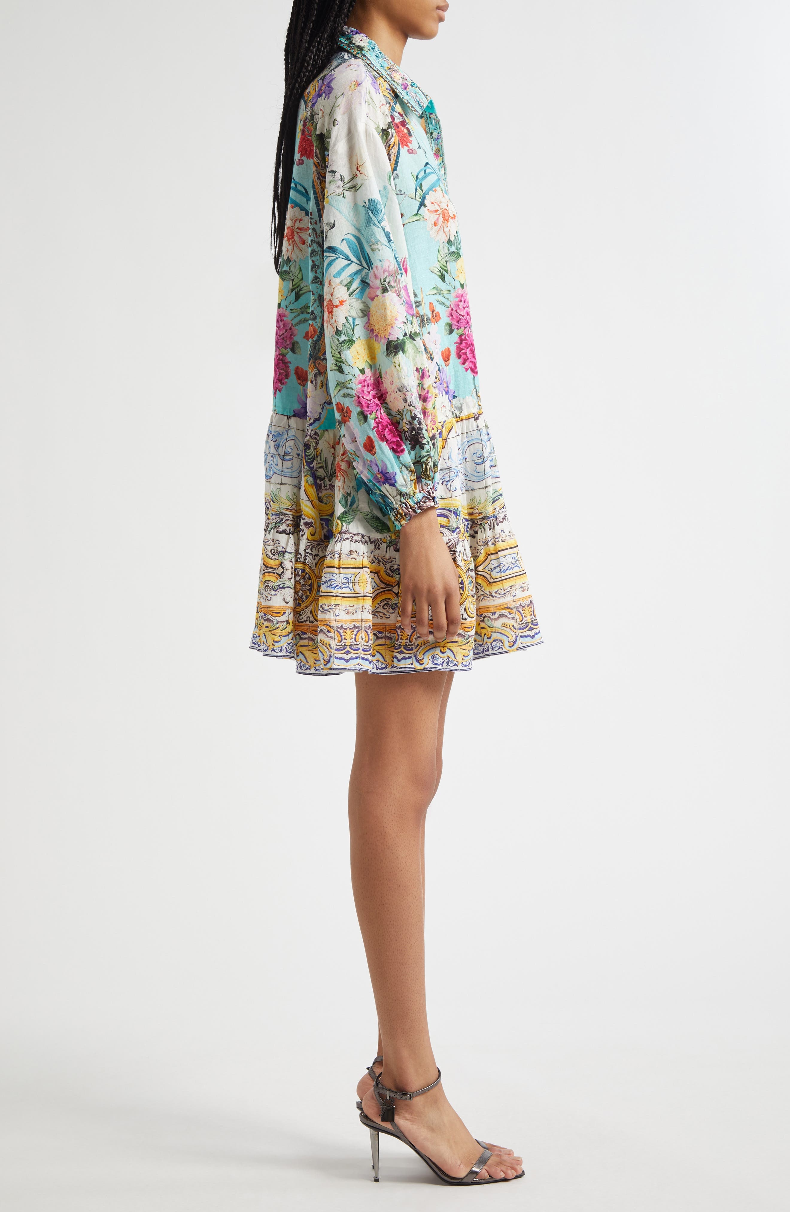 Camilla Tiered Long Sleeve Linen Shirtdress in Gardens Of Queluz at Nordstrom - 3
