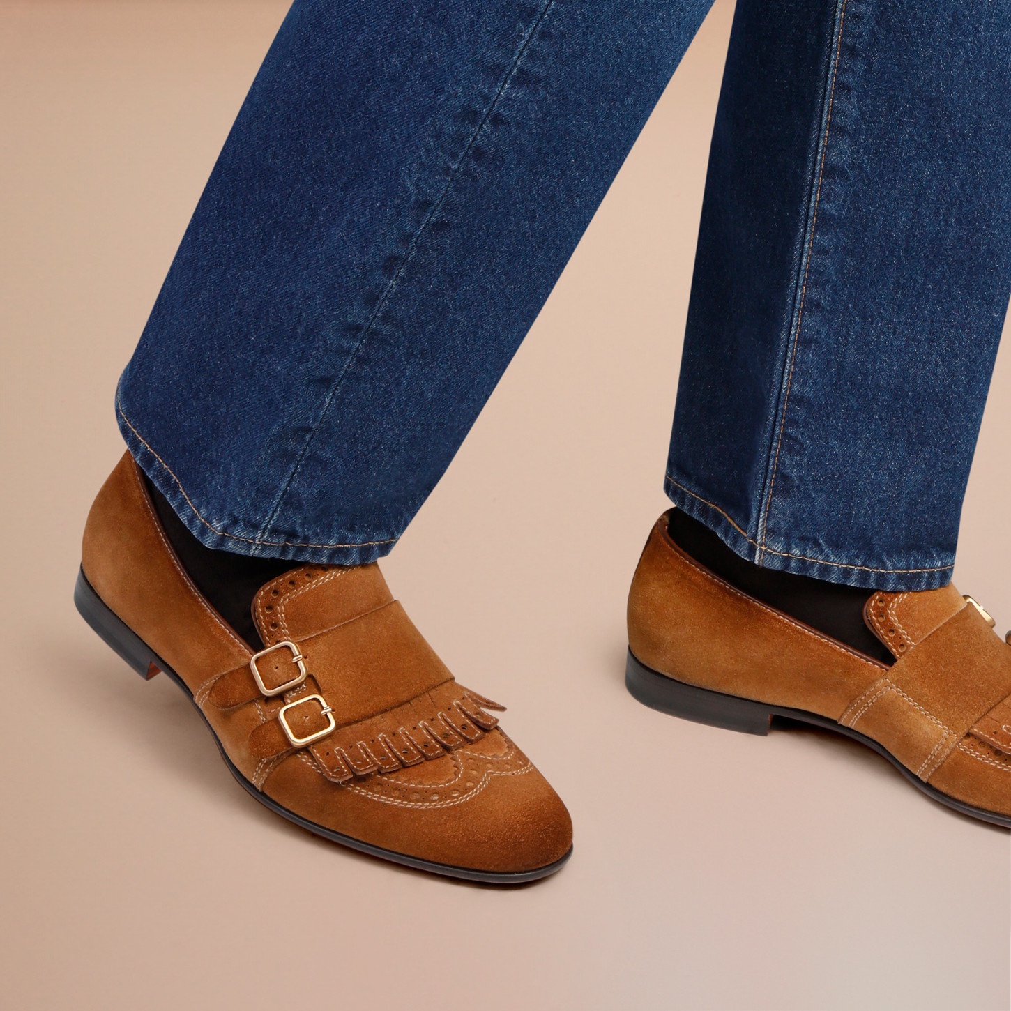 Men's brown suede double-buckle loafer with fringe - 2