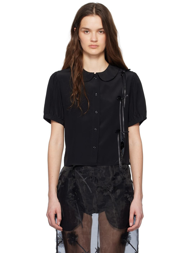 Black Cropped Bow Slit Puff Sleeve Shirt 1