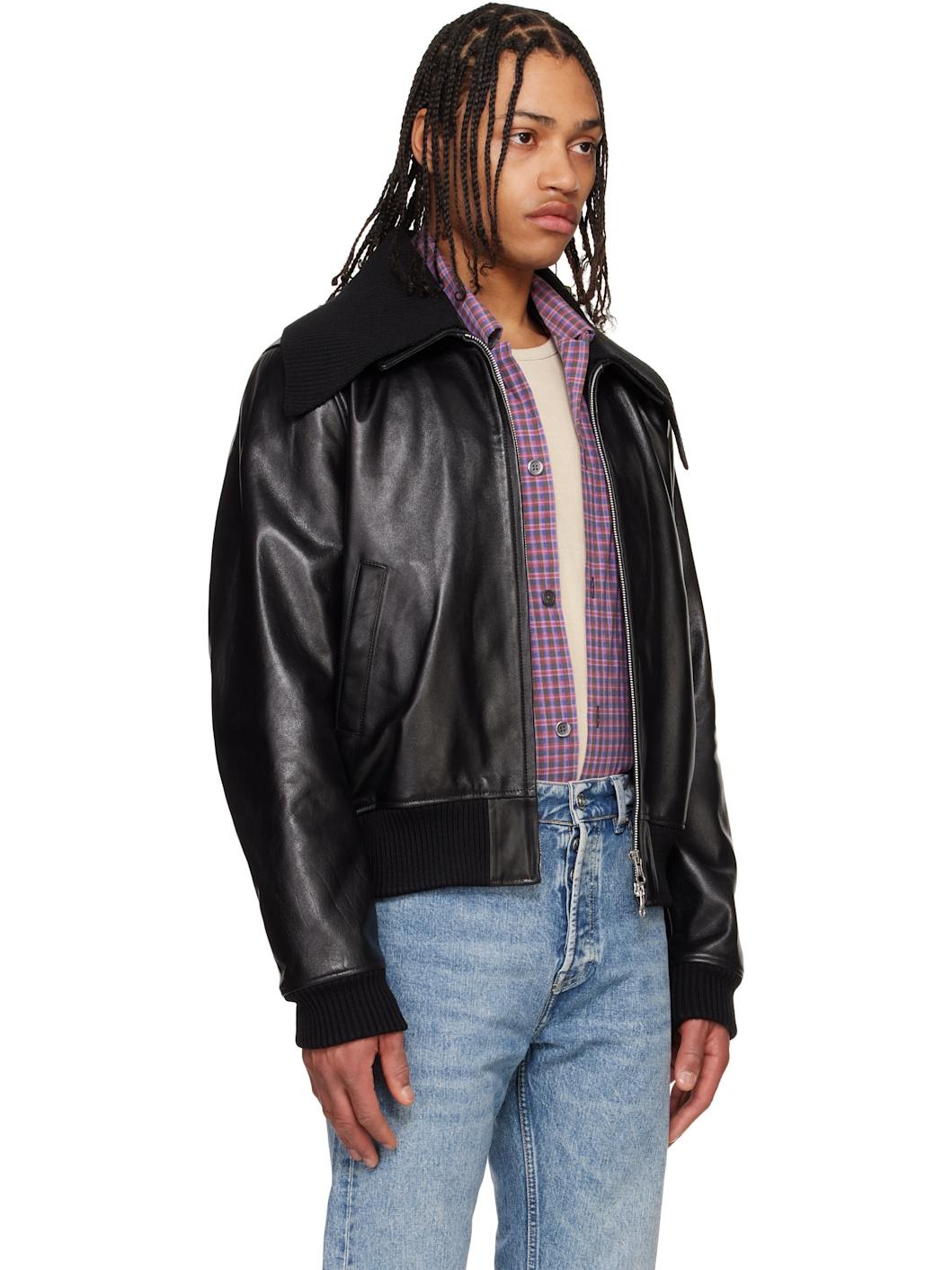 Black Pharos Leather Bomber Jacket - 2