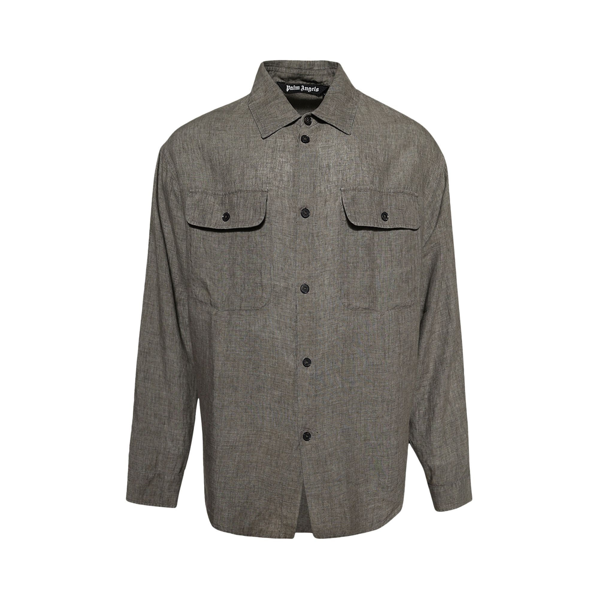 Palm Angels Curved Logo Linen Overshirt 'Military Grey' - 1