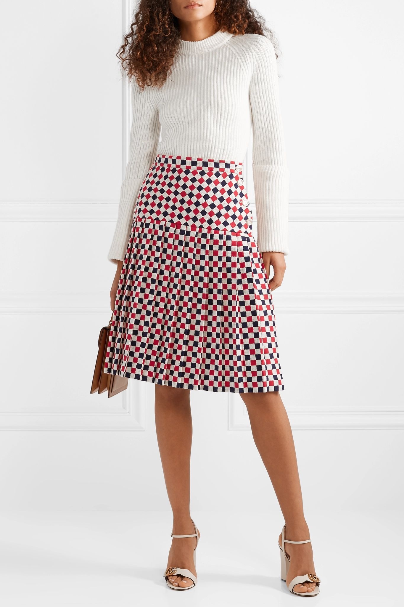 Pleated checked wool-blend crepe midi skirt - 2