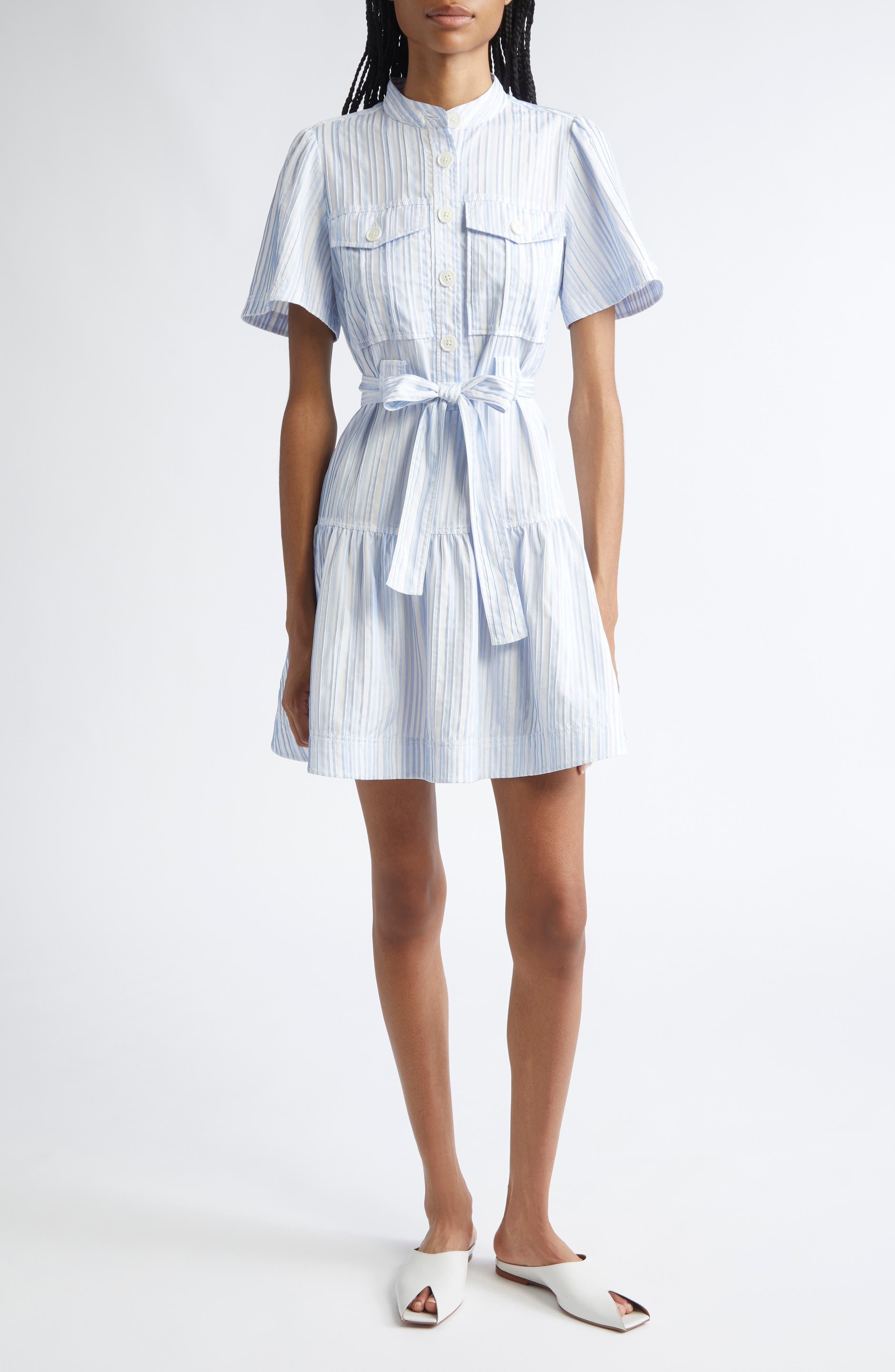 Derek Lam 10 Crosby Clynton Variegated Stripe Short Sleeve Shirtdress in Celestine/White at Nordstro - 1