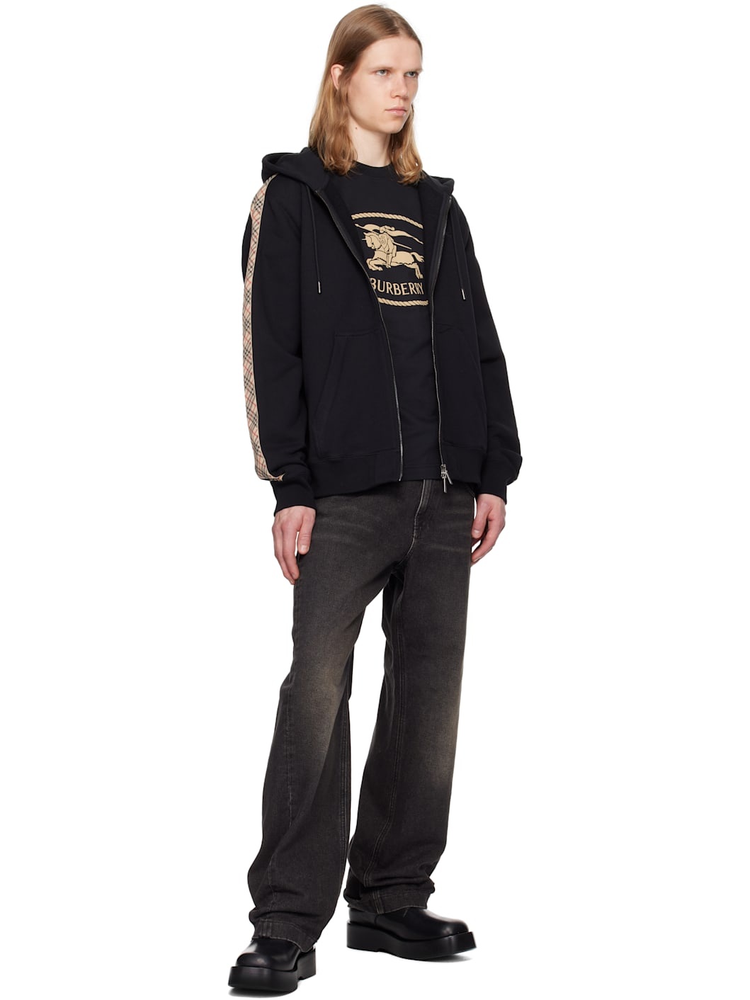 Black Check Trim Cotton Zip Hoodie - 4