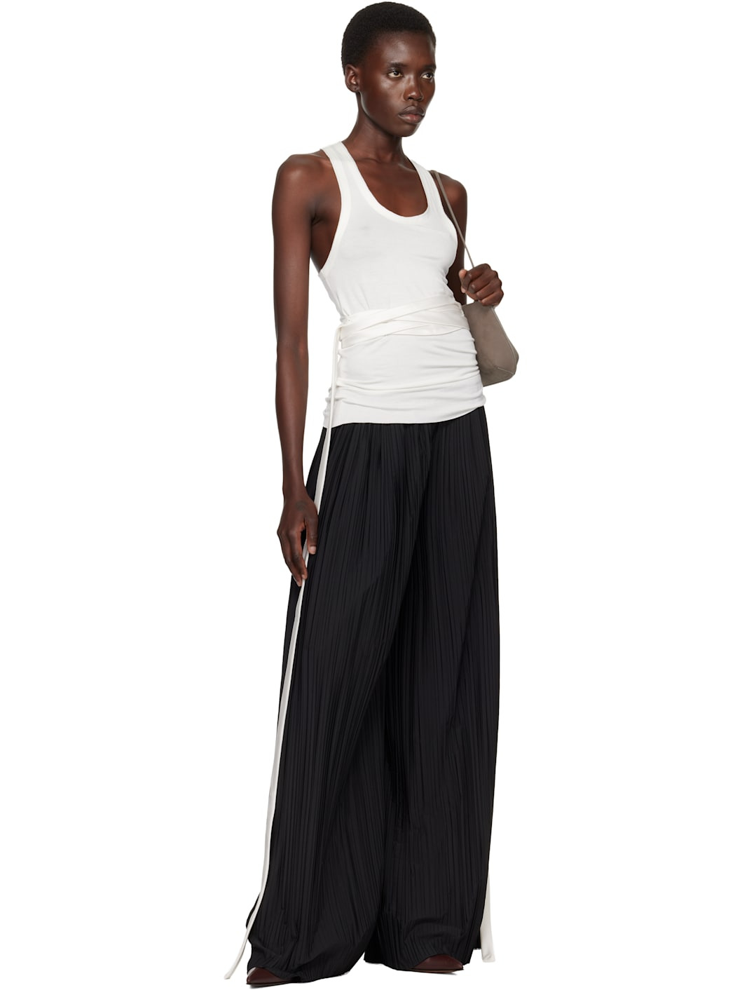 White Satin Tie Jersey Vest - 4