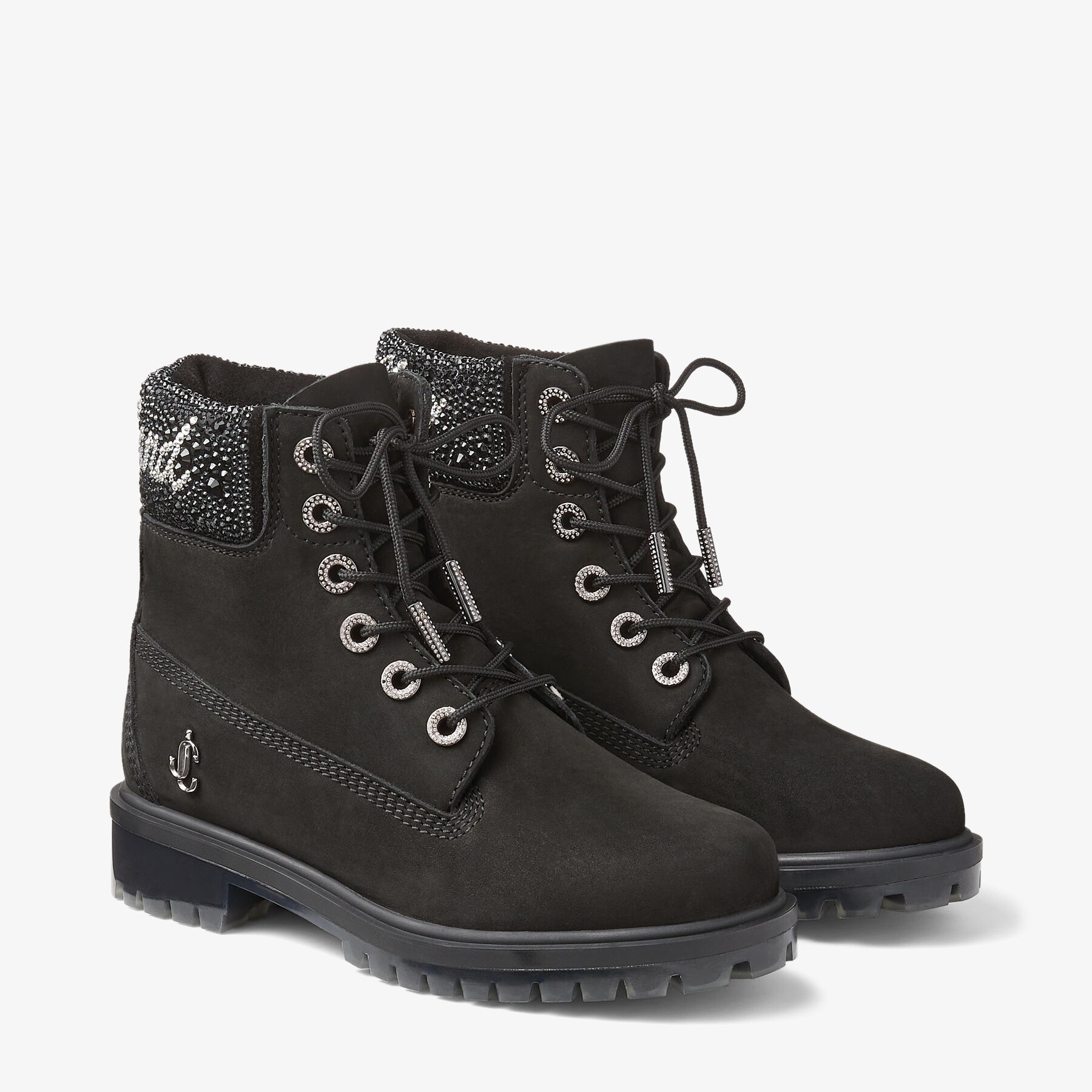 JIMMY CHOO X TIMBERLAND 6 INCH CRYSTAL CUFF BOOT
Black Timberland Nubuck Ankle Boots with Crystal Lo - 3