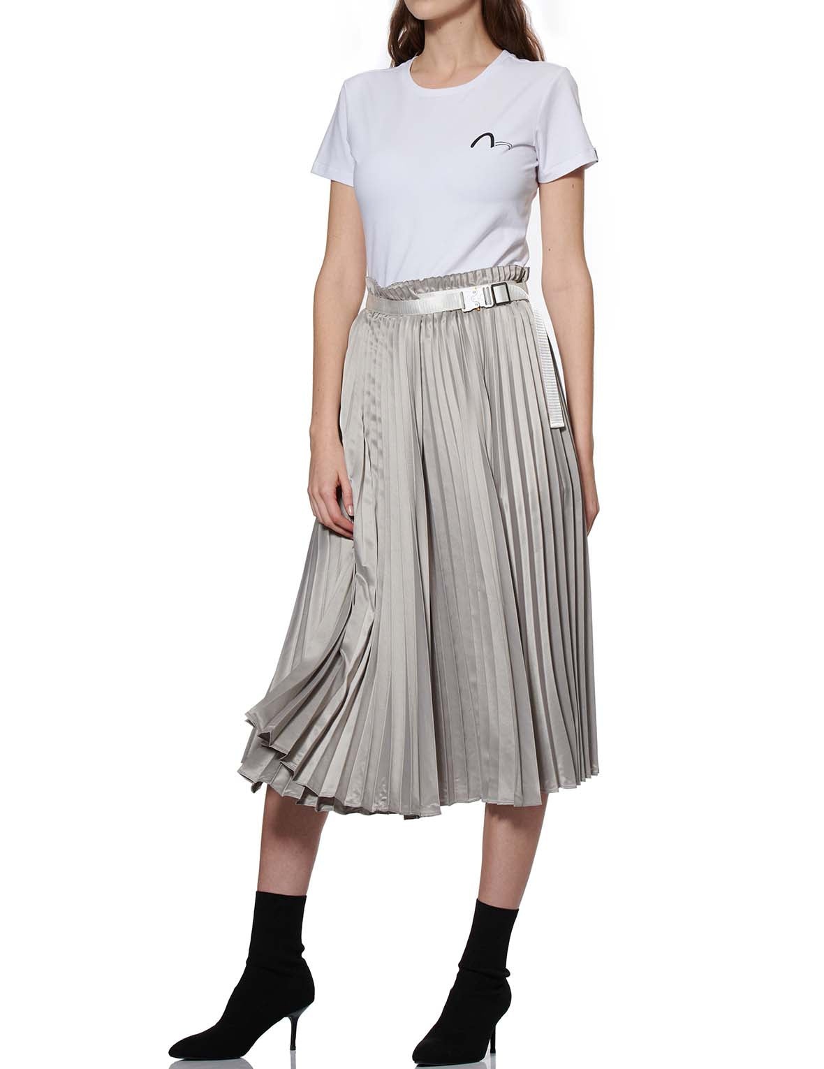 Denim Shorts with Asymmetric Pleated Skirt Overlay - 14