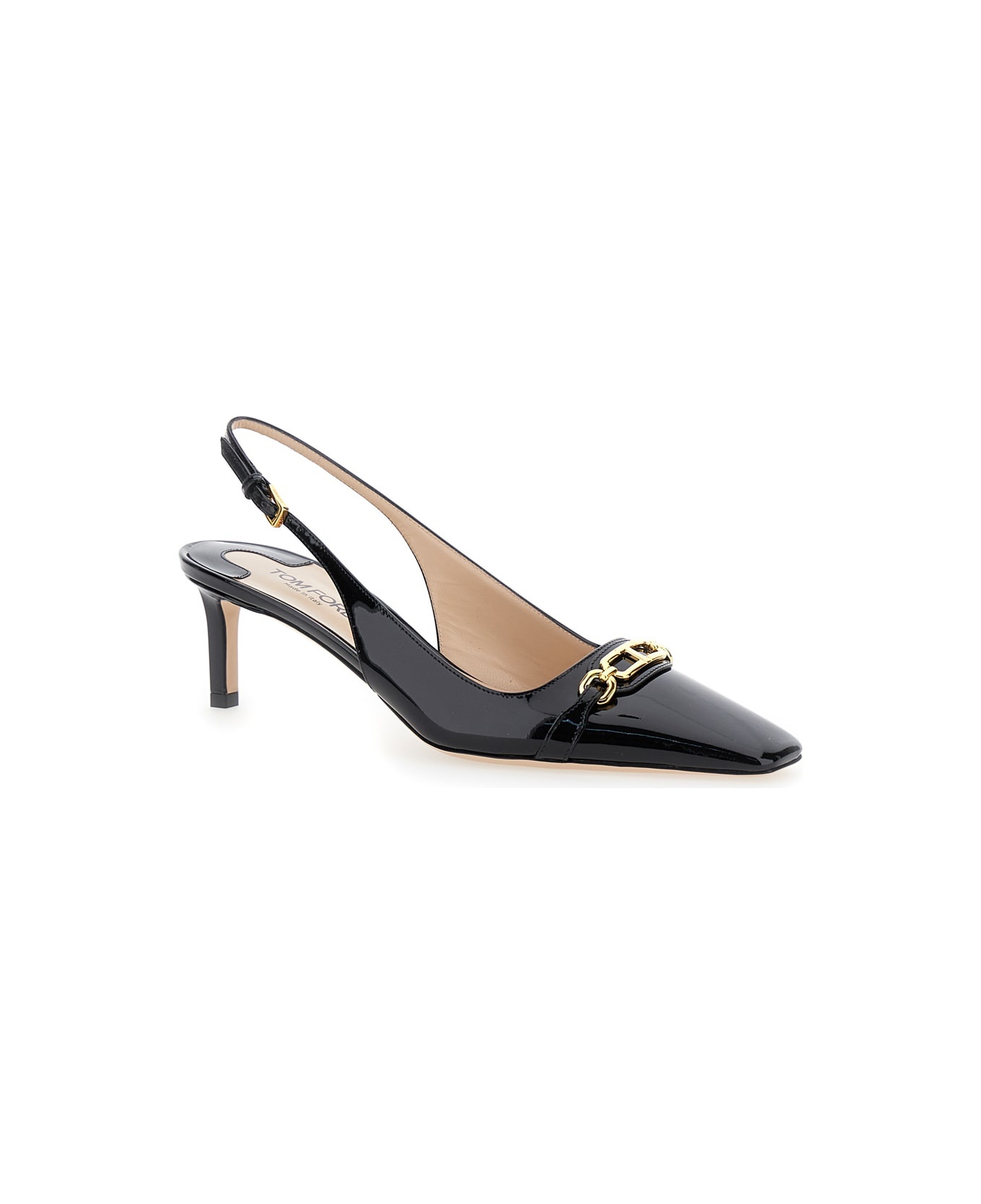 Black Slingback Pumps With T Logo Detail In Patent Leather Woman - 2