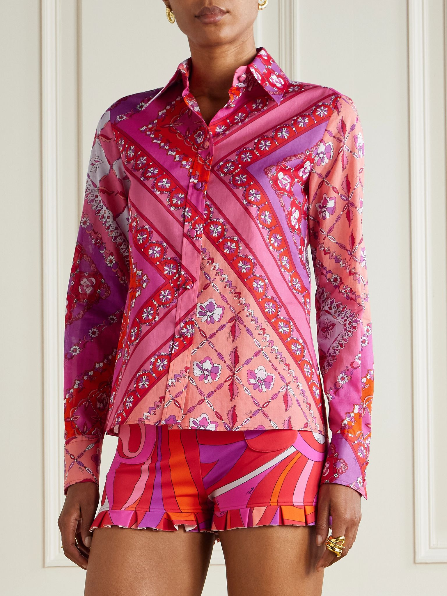Printed cotton-muslin shirt Fuchsia - 3