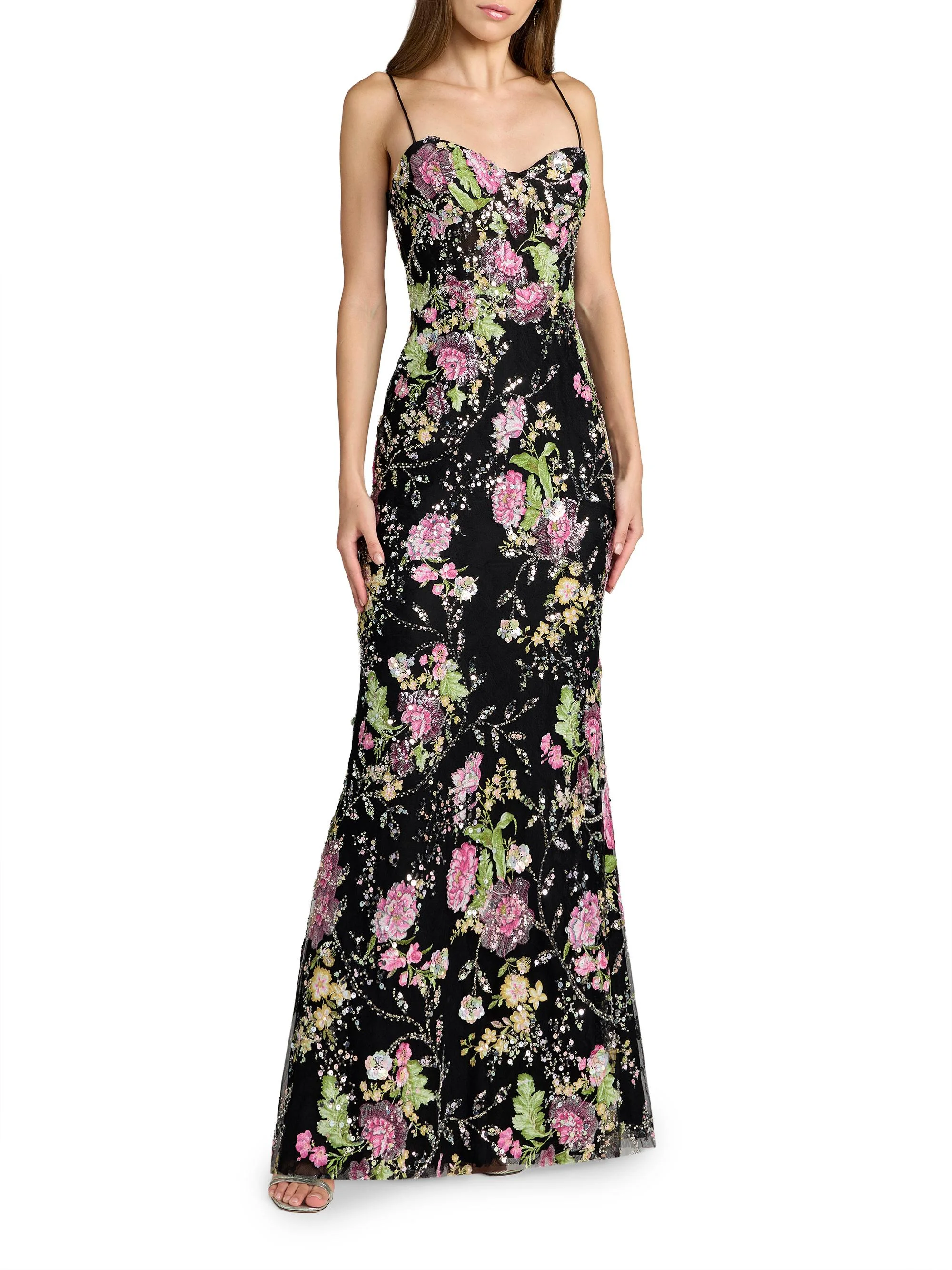 Women's Prom Floral Sequined Bustier Gown - Black Multi - 1