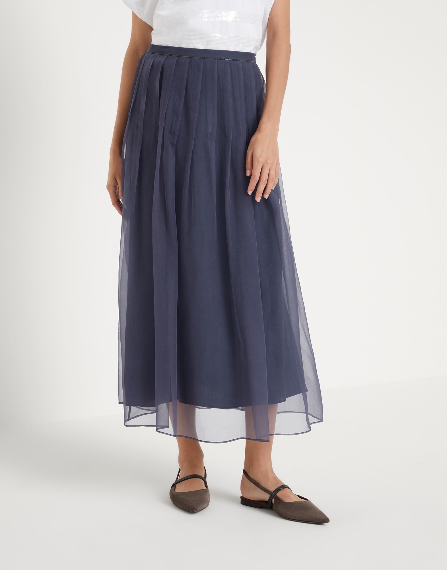 Crispy silk pleated midi skirt with shiny waistband - 1