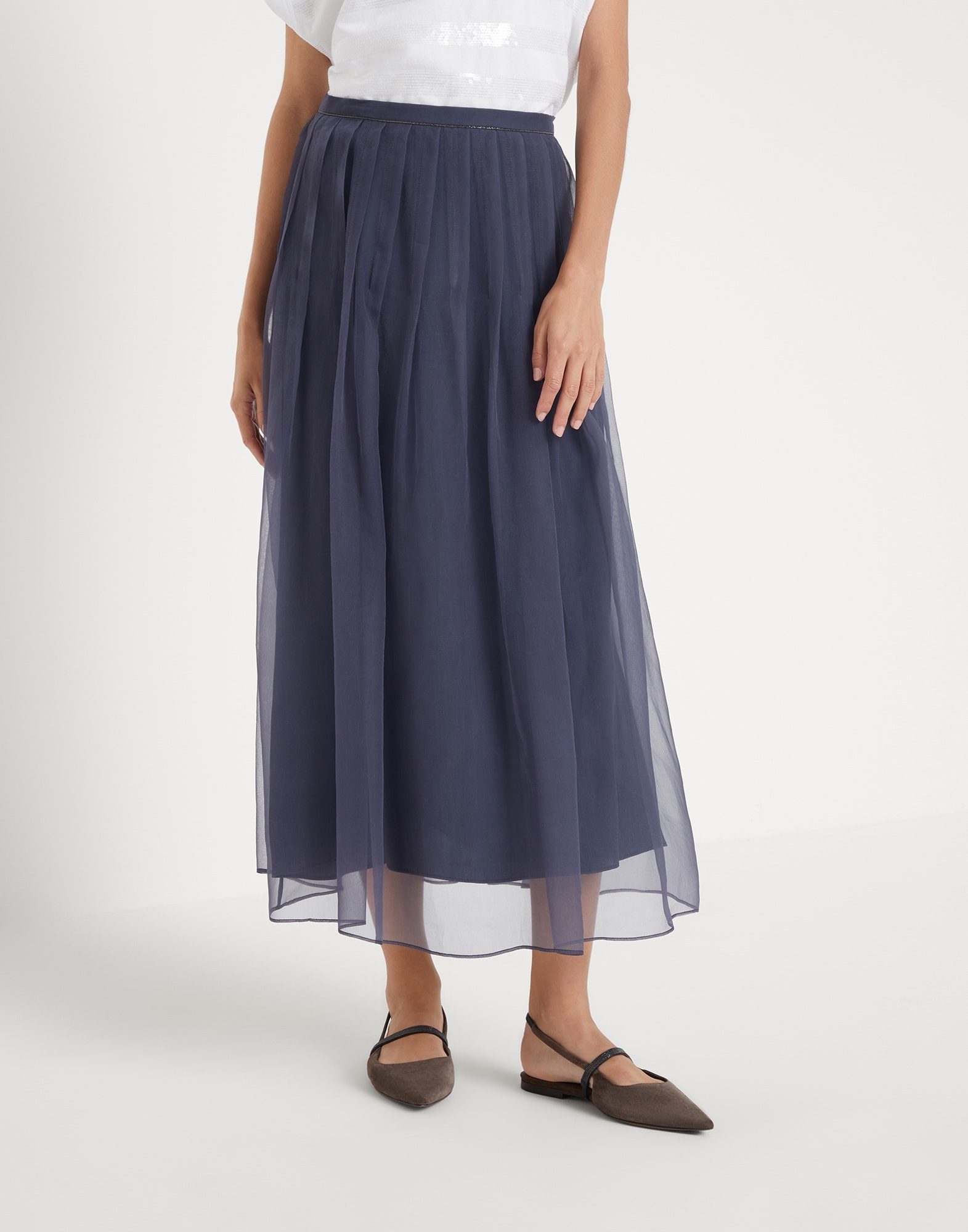 BRUNELLO CUCINELLI★Crispy silk midi pleated skirt Brunello Cucinelli Crispy Silk Chiffon Pleated Midi Skirt