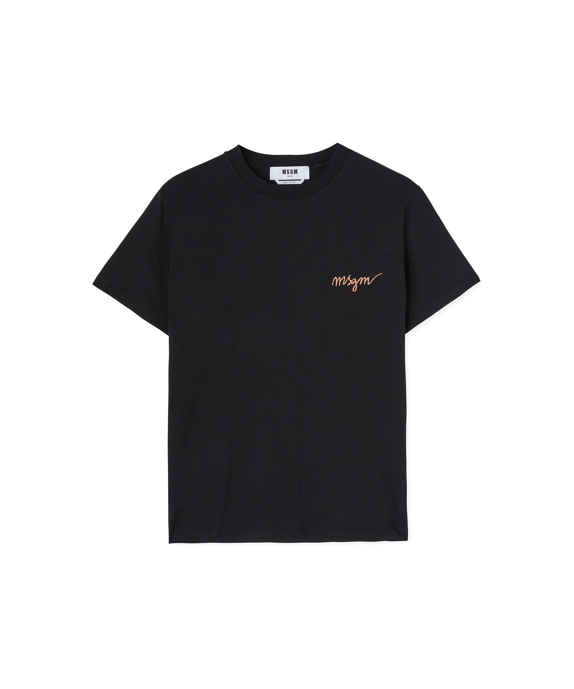 Cotton crewneck t-shirt with multicolor, embroidered logo in cursive - 1