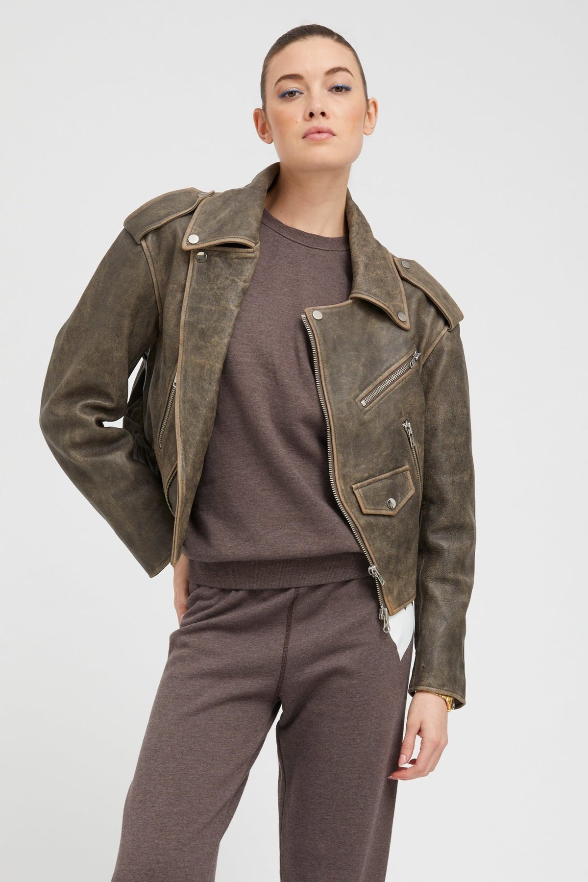 GREY LEATHER BIKER JACKET - 1