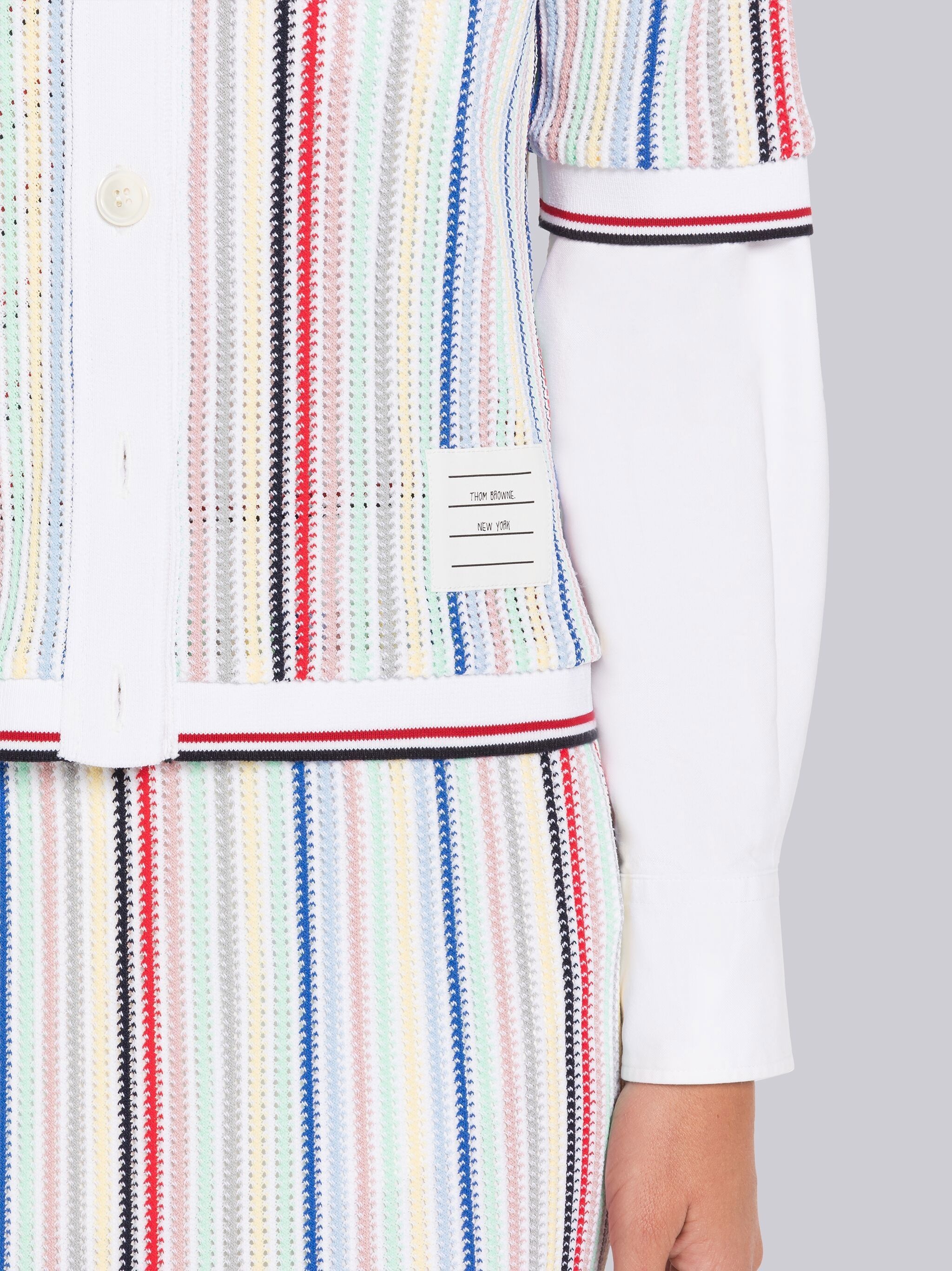 Stripe Viscose Mesh Tipping Short Sleeve Cardigan - 6