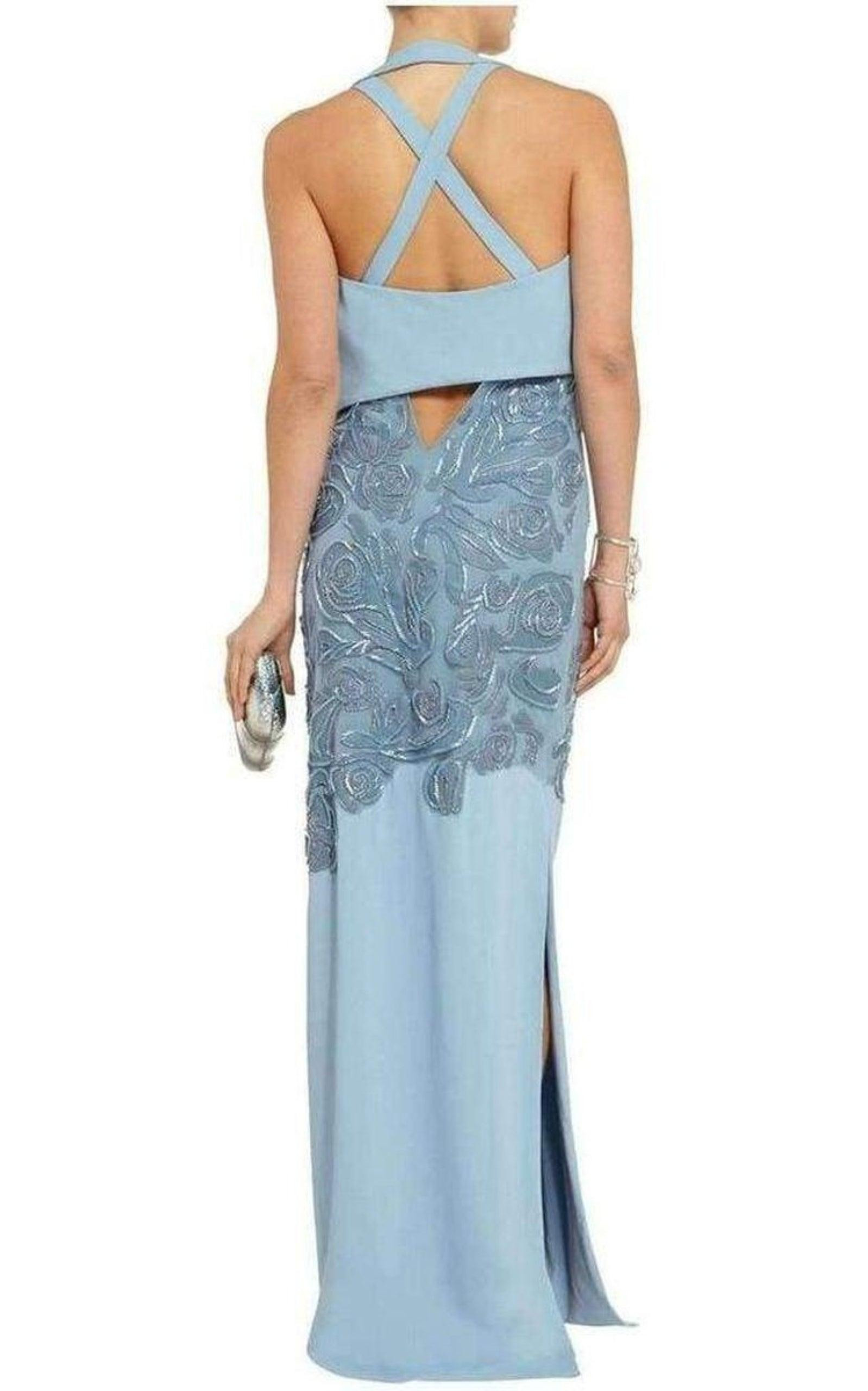 Blue Leather Cutout Lace Embellished Gown - 3