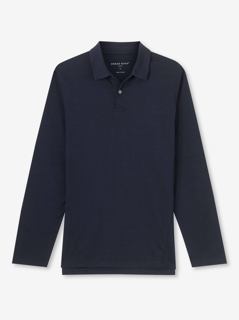 Men's Long Sleeve Polo Shirt Ramsay Pique Cotton Tencel Navy - 1