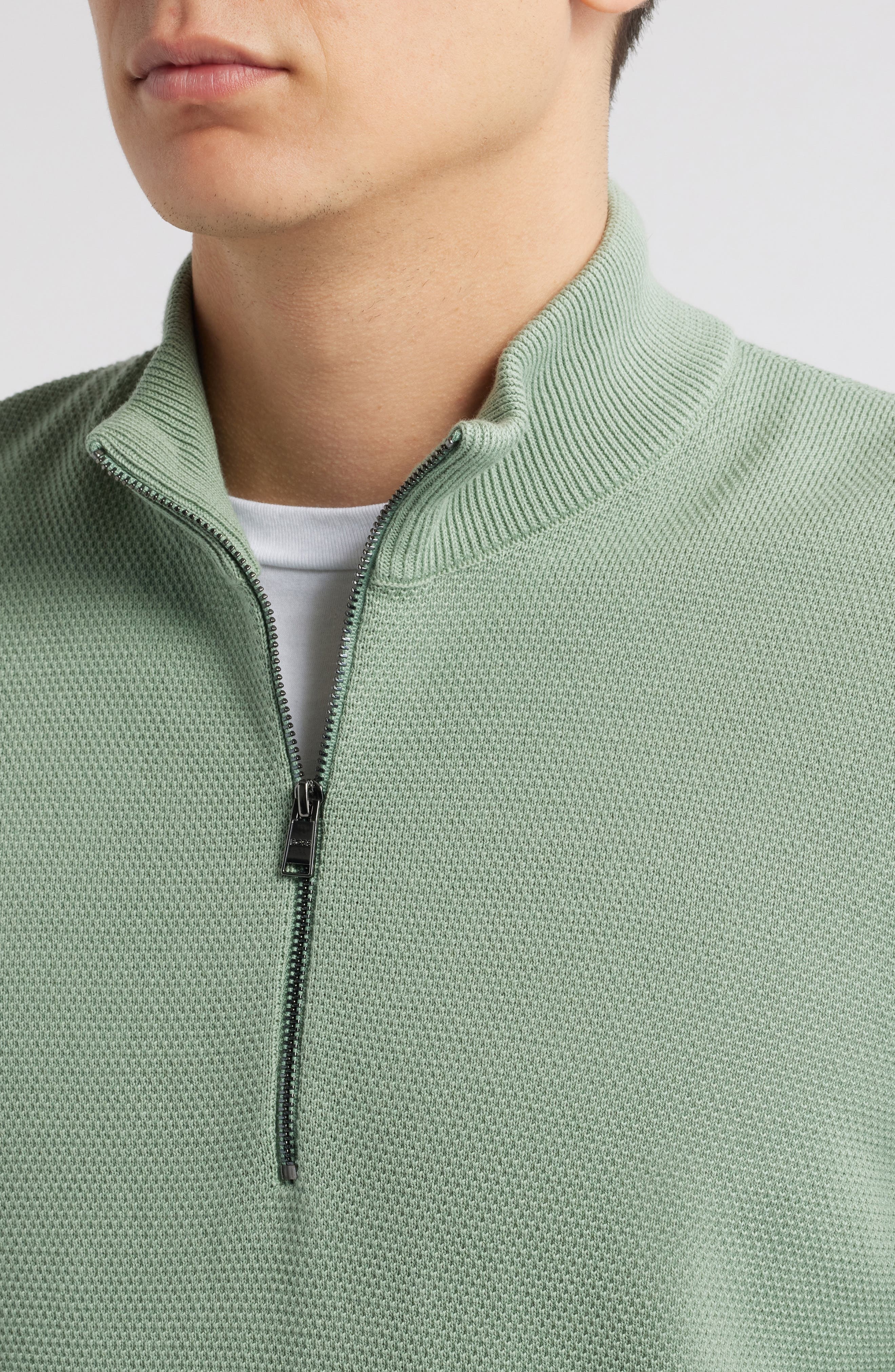 BOSS Ebrando Textured Cotton Half Zip Sweater in Light Green at Nordstrom - 4