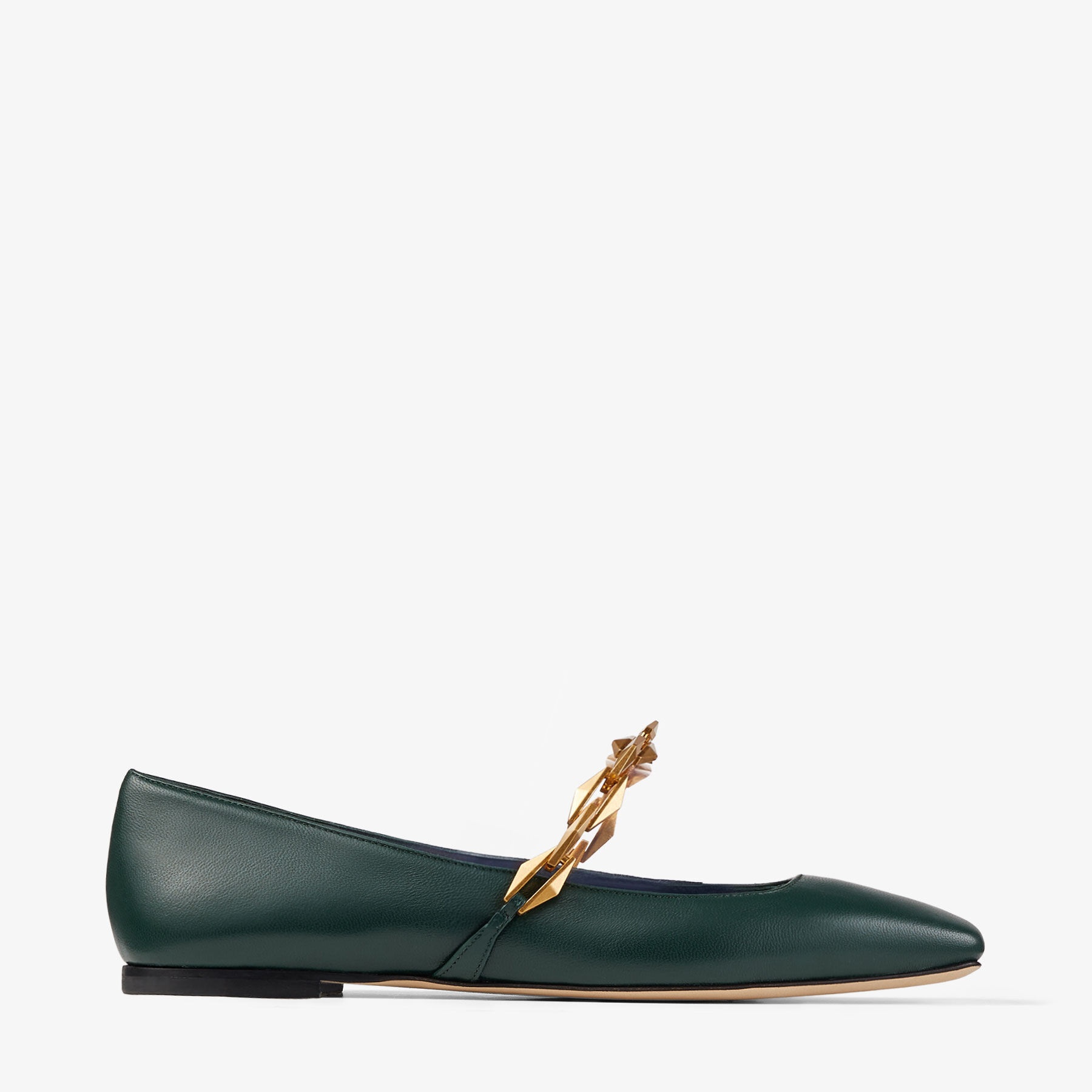 Diamond Tilda Flat
Dark Green Nappa Leather Flats with Diamond Chain - 1