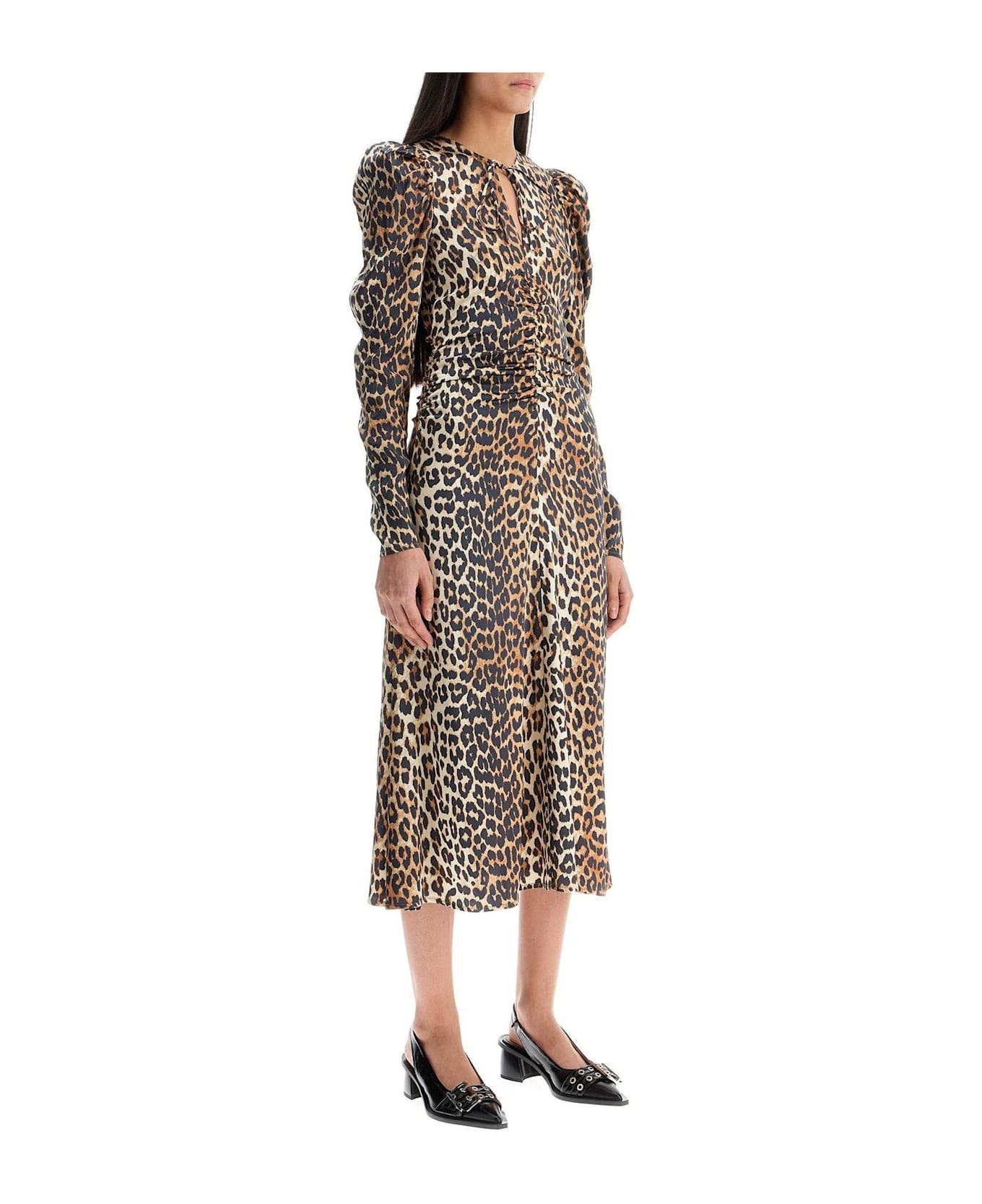 Leopard Print Satin Ruched Midi Dress - 2