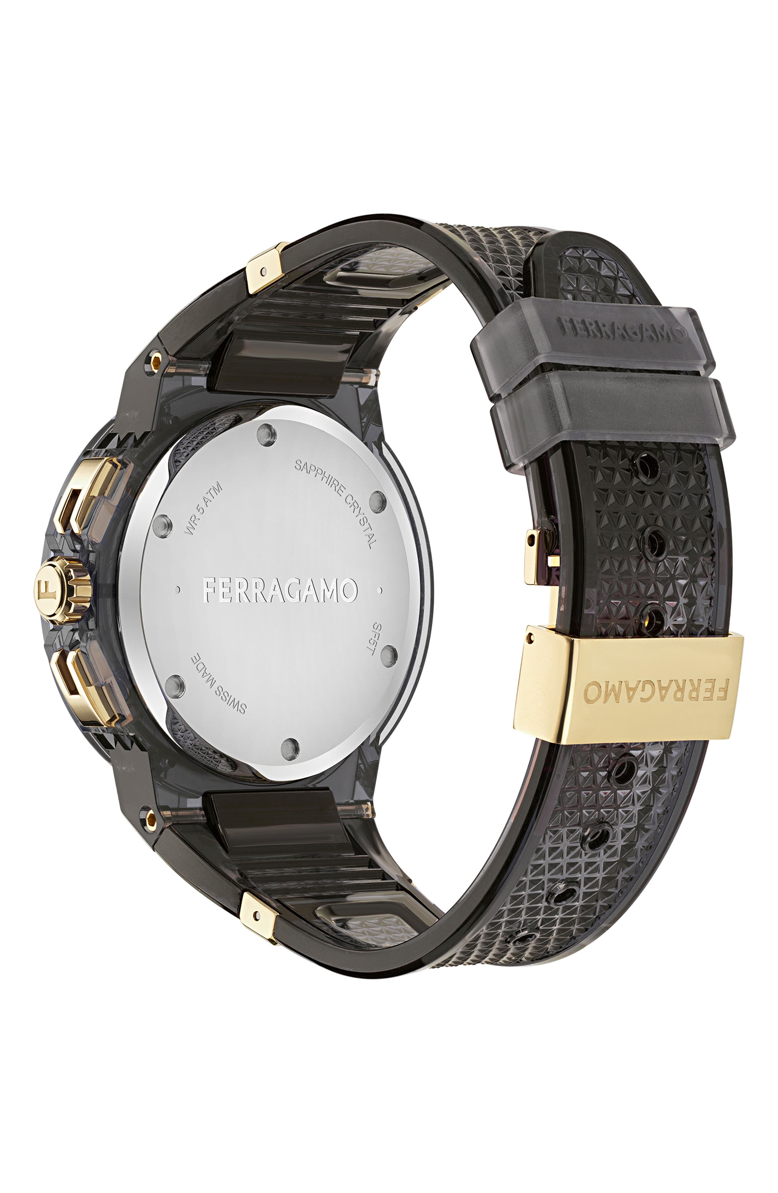 FERRAGAMO F-80 Translucent Chronograph Recycled Polyurthane Strap Watch, 44mm in Black at Nordstrom - 3