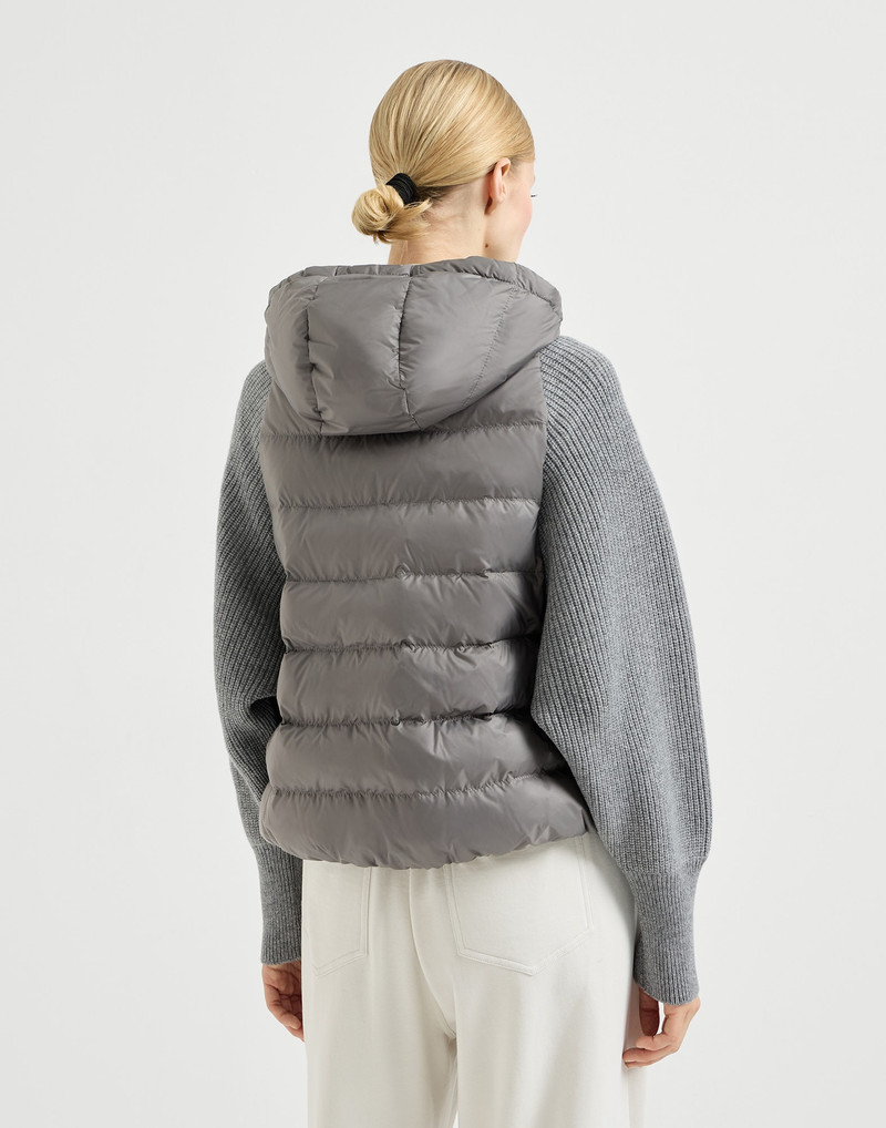 Brunello Cucinelli Water-resistant matte nylon hooded down jacket with monili and sleeves in virgin wool, cashmere and  outlook