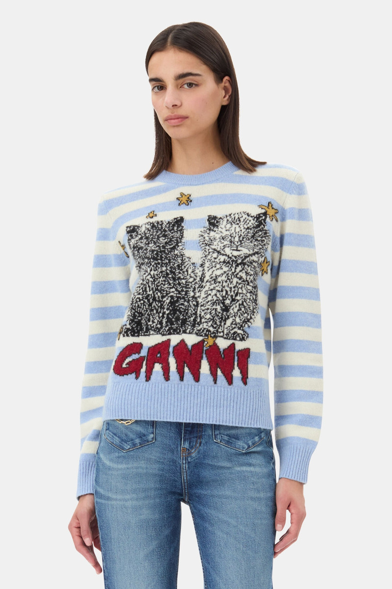 GANNI BLUE STRIPED GRAPHIC CAT SWEATER outlook